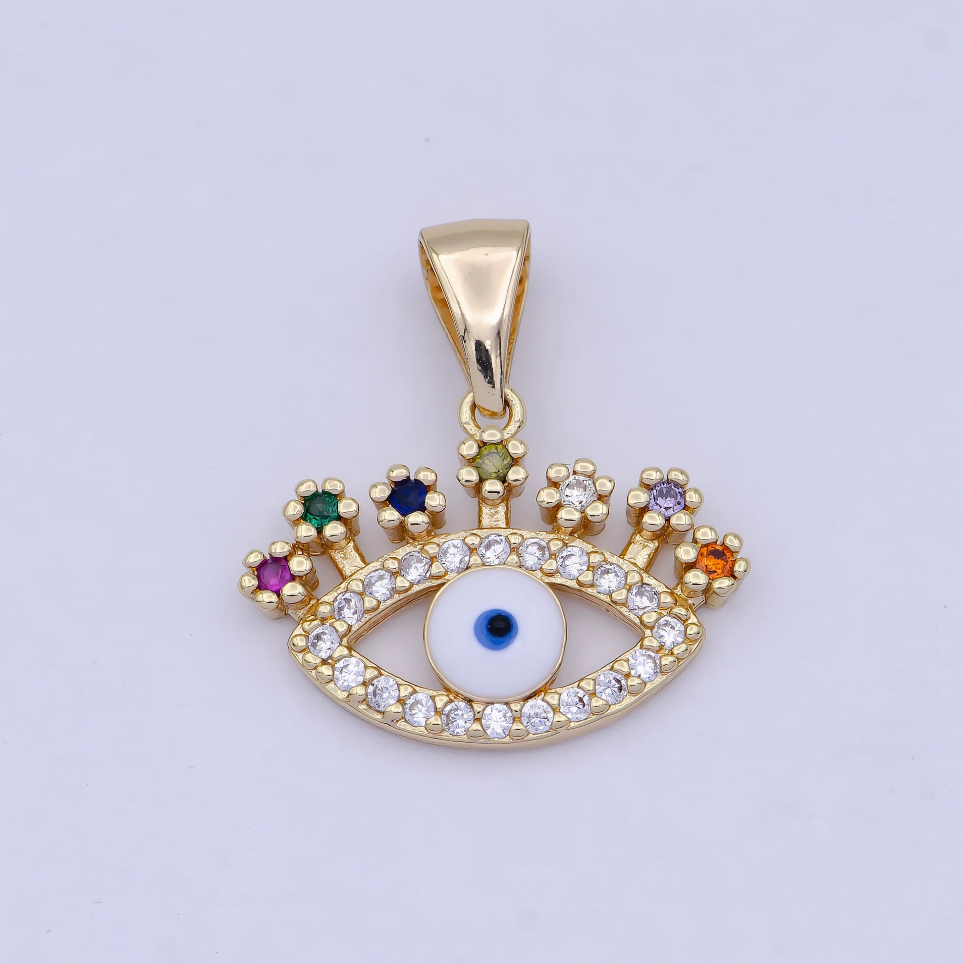 Gold Evil Eye Pendant, 16K Gold Filled Colorful Multicolor Micro Paved CZ Eye of Ra Protection Charm | X-463