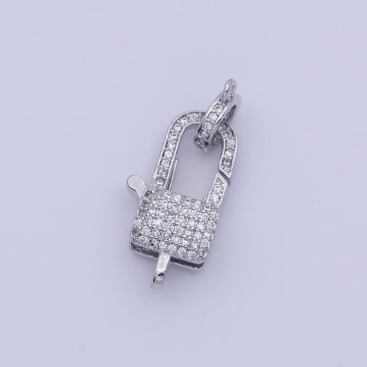 Silver CZ Padlock Clasp, 2 Sizes White Gold Filled Clear Micro Pave CZ Pad Lock Spring Push Gate Clasp for Jewelry Components | L-910, L-911