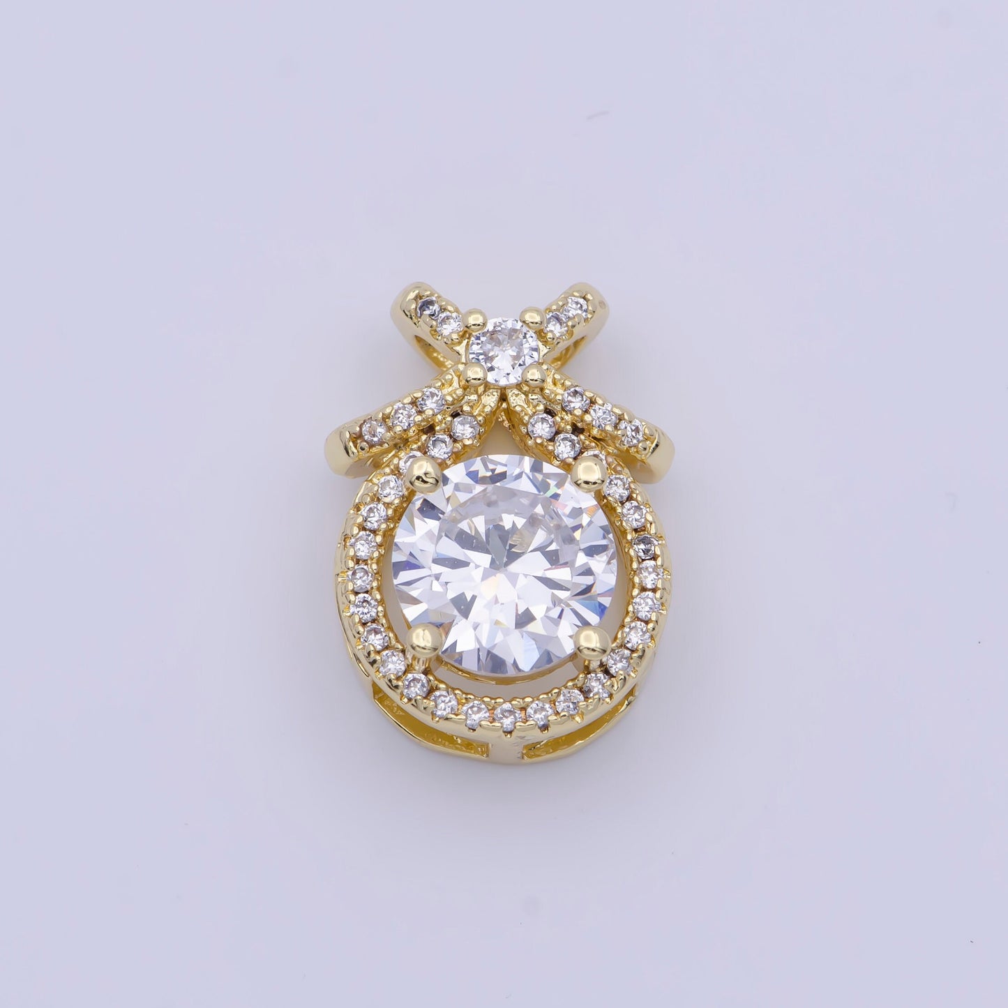 Round Gold Multicolor CZ Stone Pendant w. Bow on Top, 24K Gold Plated Diamond CZ Crystals Ribbon Charm | X-490~X-493