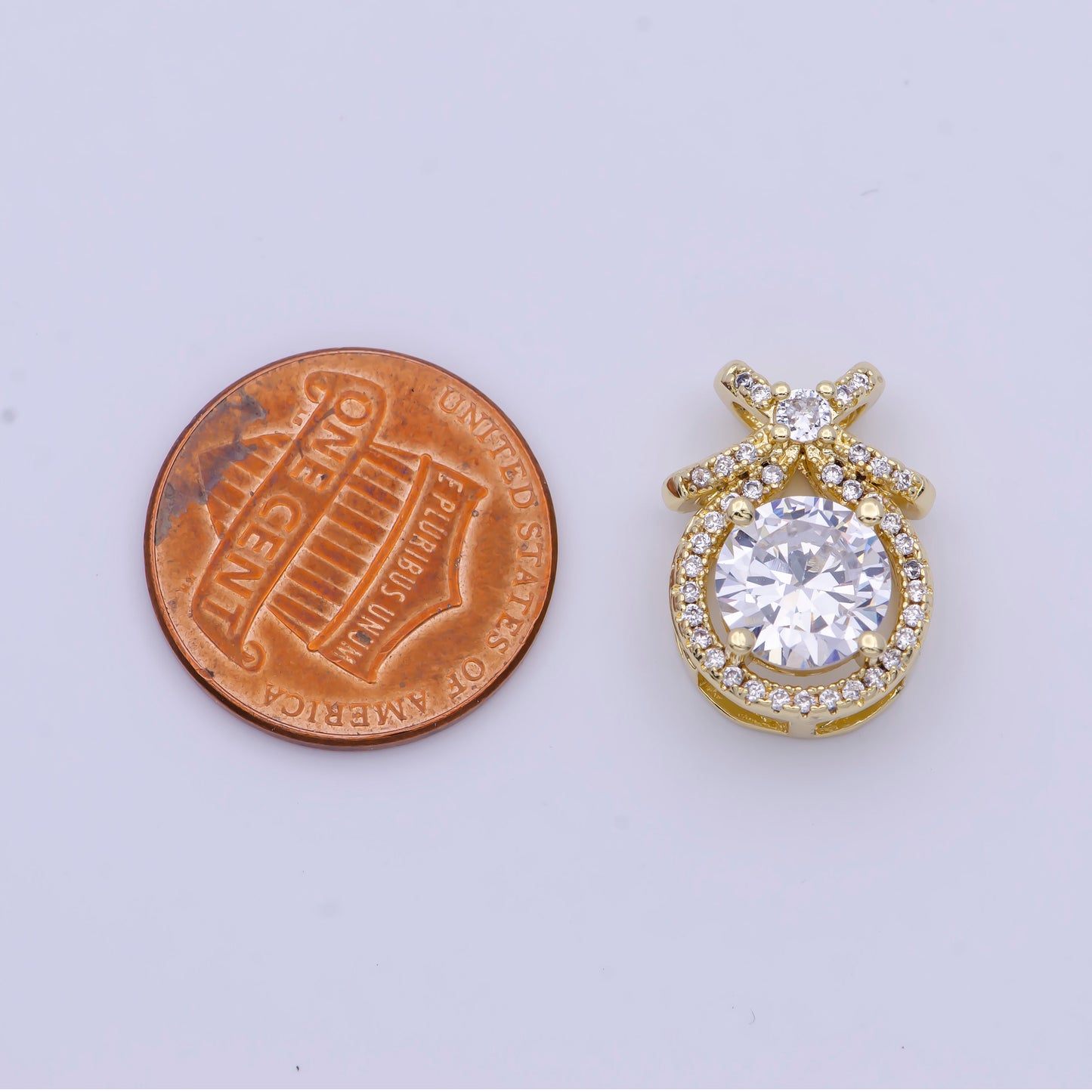 Round Gold Multicolor CZ Stone Pendant w. Bow on Top, 24K Gold Plated Diamond CZ Crystals Ribbon Charm | X-490~X-493
