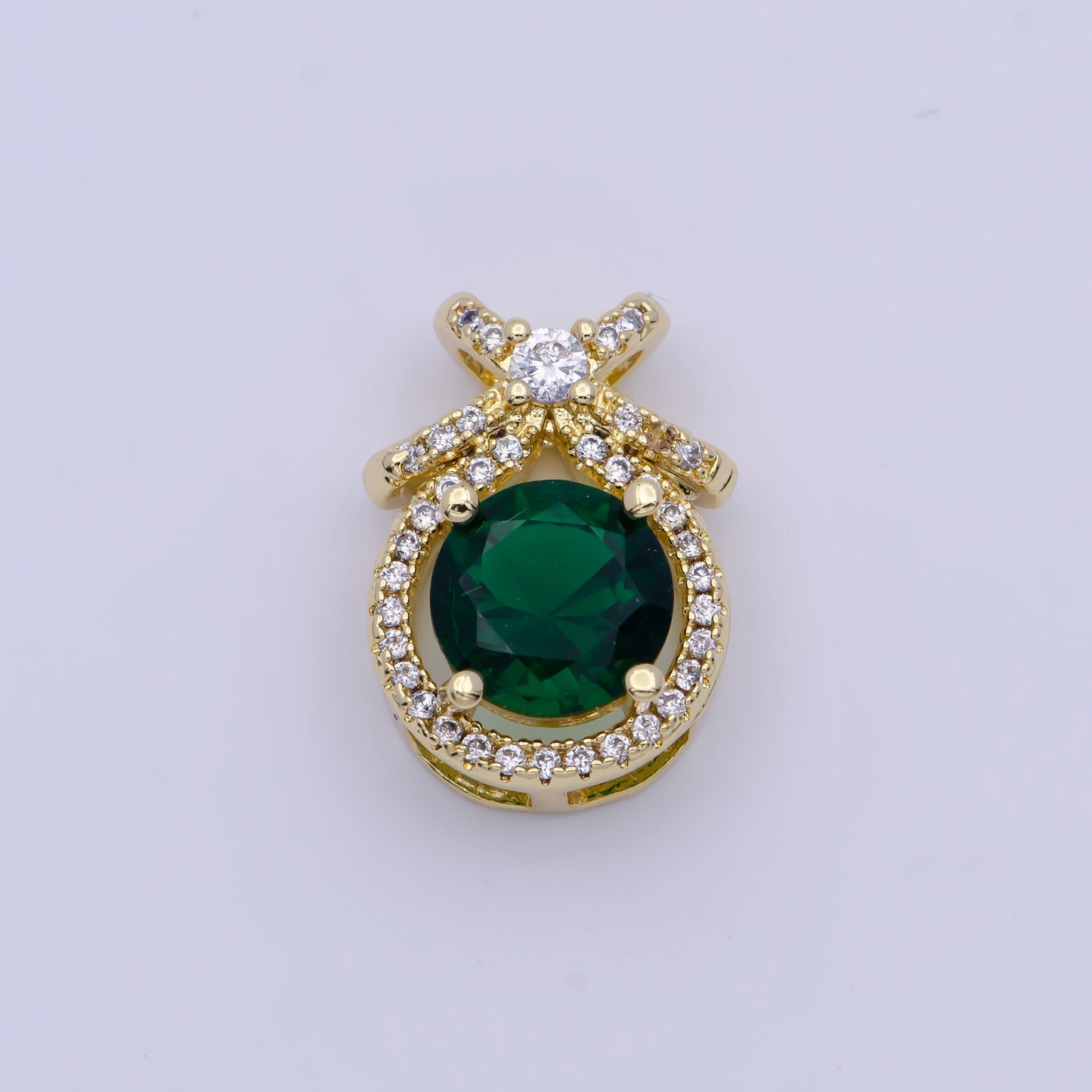 Round Gold Multicolor CZ Stone Pendant w. Bow on Top, 24K Gold Plated Diamond CZ Crystals Ribbon Charm | X-490~X-493