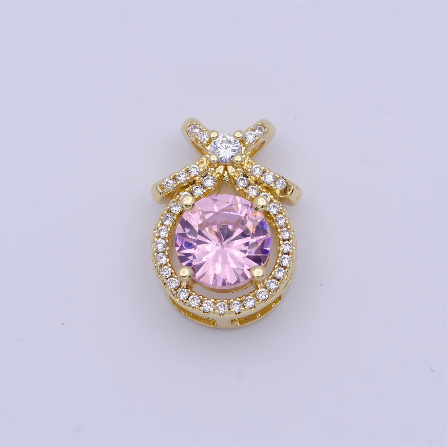 Round Gold Multicolor CZ Stone Pendant w. Bow on Top, 24K Gold Plated Diamond CZ Crystals Ribbon Charm | X-490~X-493