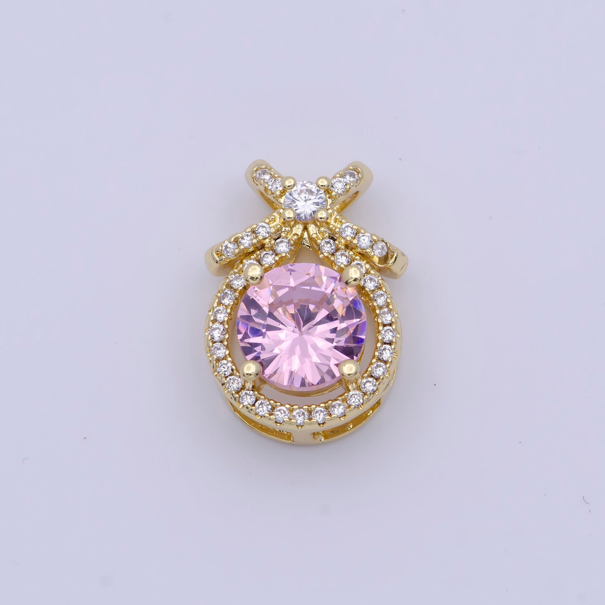 Round Gold Multicolor CZ Stone Pendant w. Bow on Top, 24K Gold Plated Diamond CZ Crystals Ribbon Charm | X-490~X-493