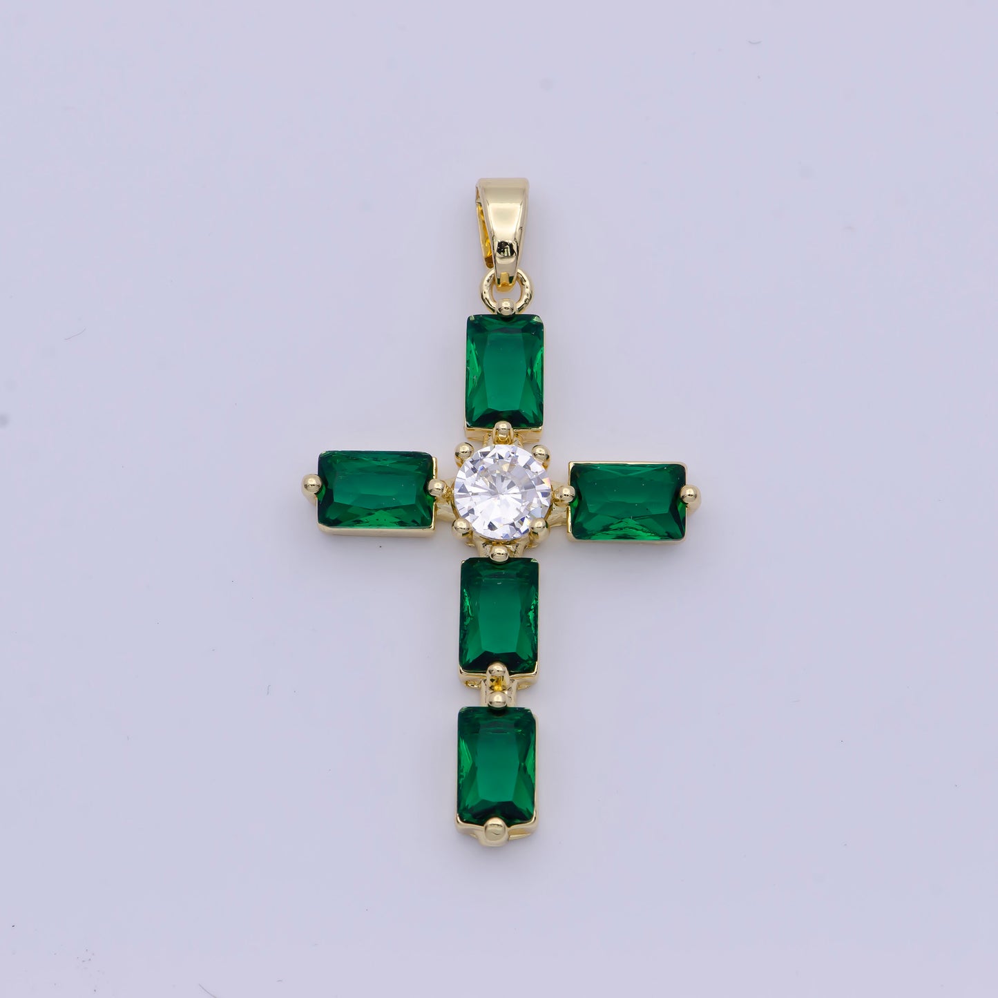Emerald Green CZ Baguette Cross Pendant, 24K Gold Plated Clear Micro Paved Diamond CZ Center Cut Cross Religious Charm | X-503