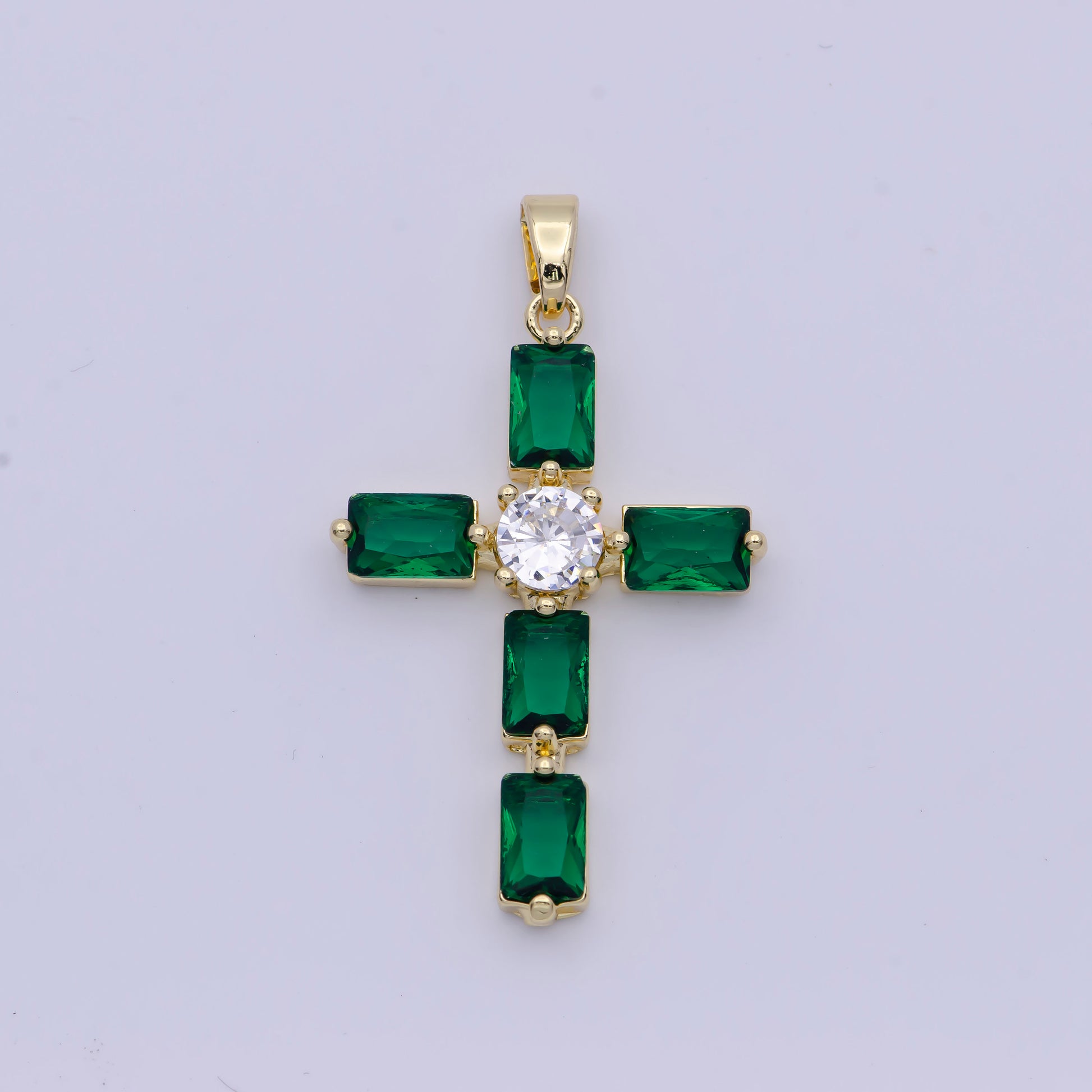 Emerald Green CZ Baguette Cross Pendant, 24K Gold Plated Clear Micro Paved Diamond CZ Center Cut Cross Religious Charm | X-503