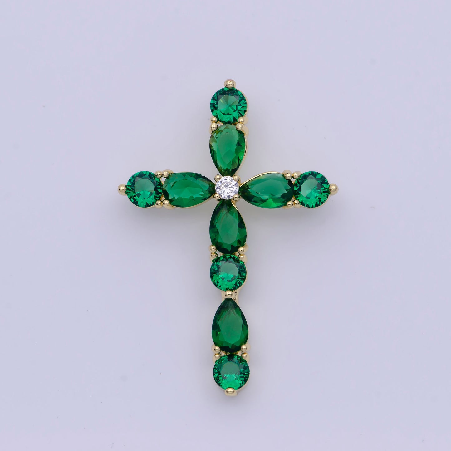 Sapphire Blue & Emerald Green CZ Cross Pendant, 24K Gold Plated Clear Micro Paved Diamond CZ Center Cut Cross Religious Charm | X-500, X-501