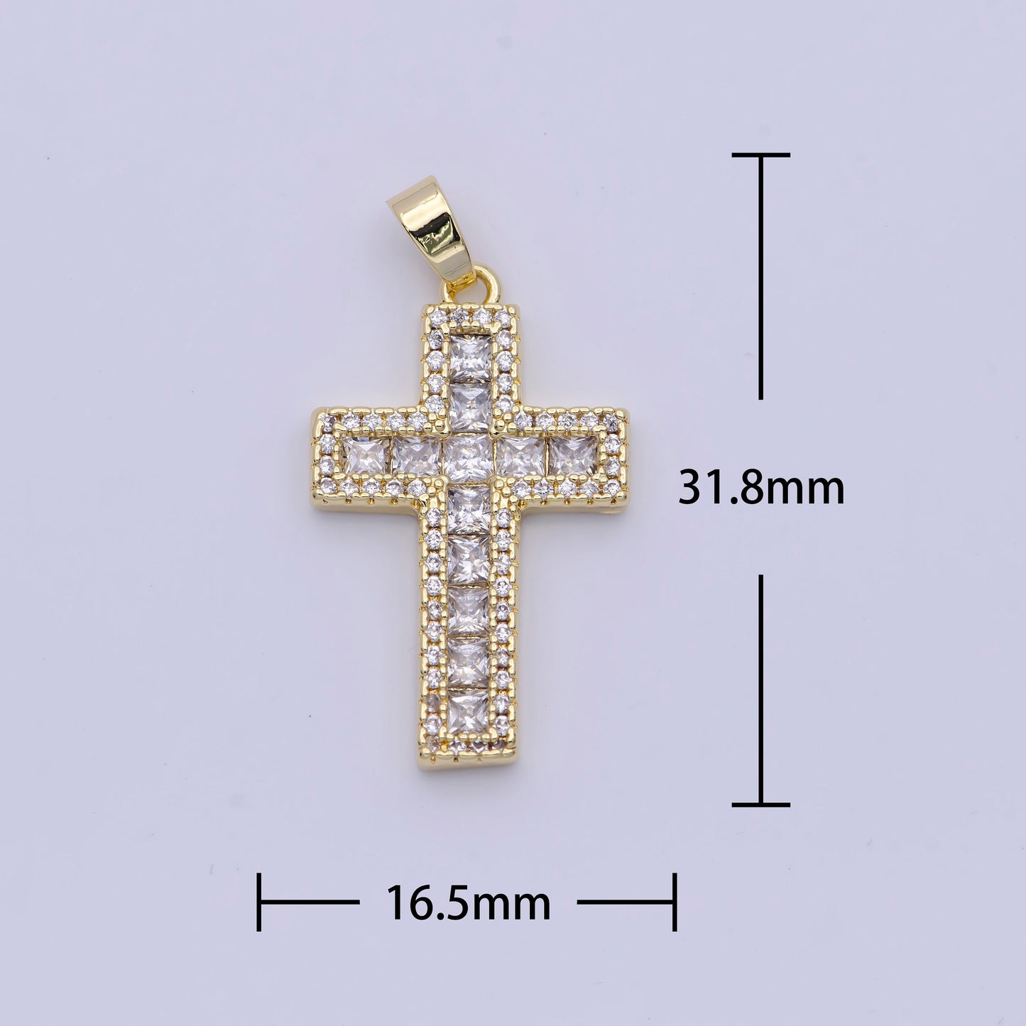 Bold Gold CZ Cross Pendant, 14K Gold Plated Clear Micro Paved Square Cut CZ Religious Cross Charm | X-497