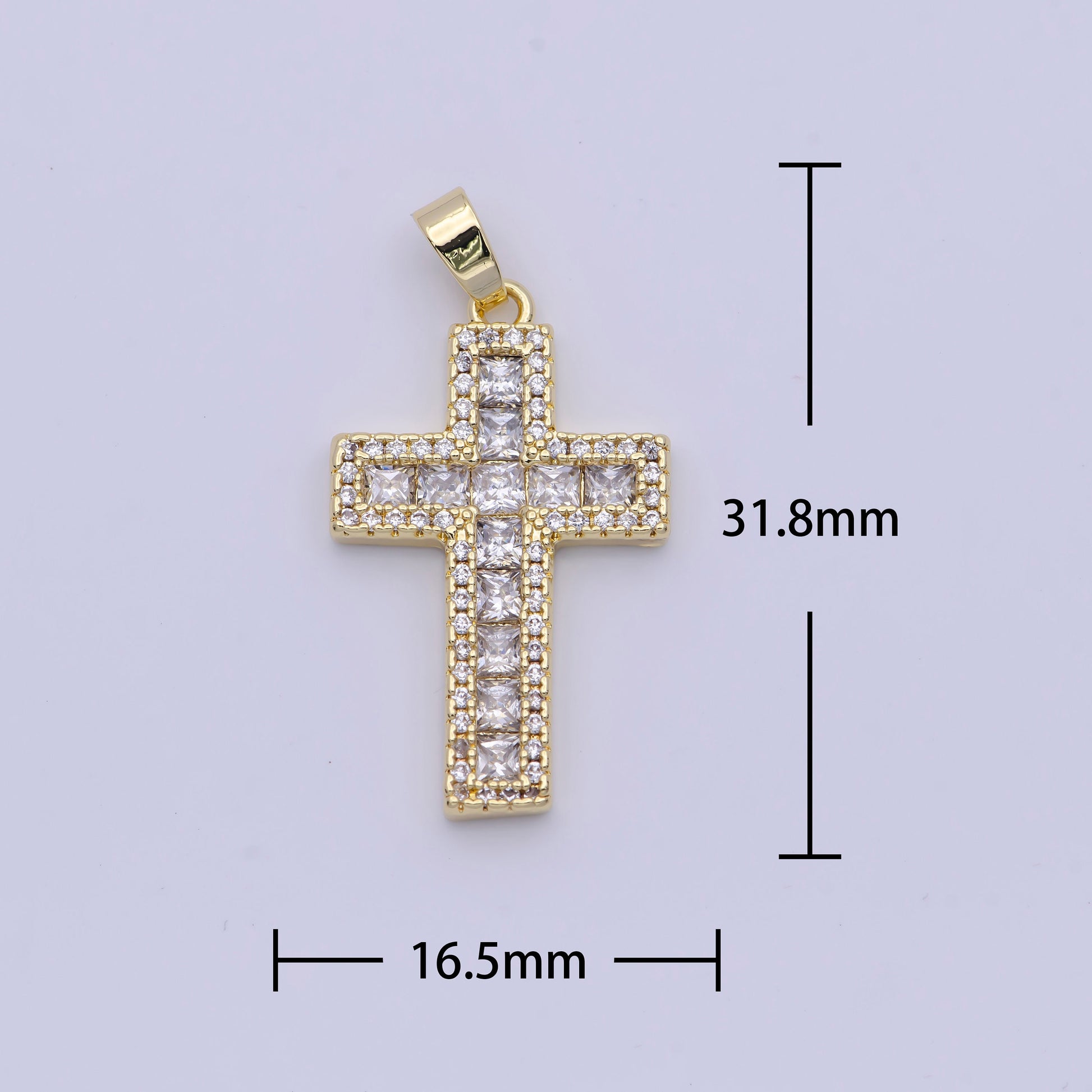 Bold Gold CZ Cross Pendant, 14K Gold Plated Clear Micro Paved Square Cut CZ Religious Cross Charm | X-497