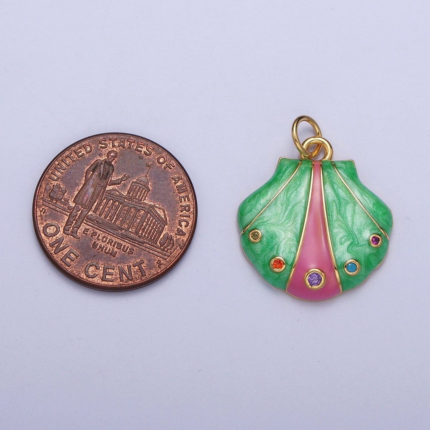 Dainty Mermaid Green Pink CZ Sea Shell Pendant, 24K Gold Plated Micro Pave Colored CZ Stones Seashell Charm | AG123