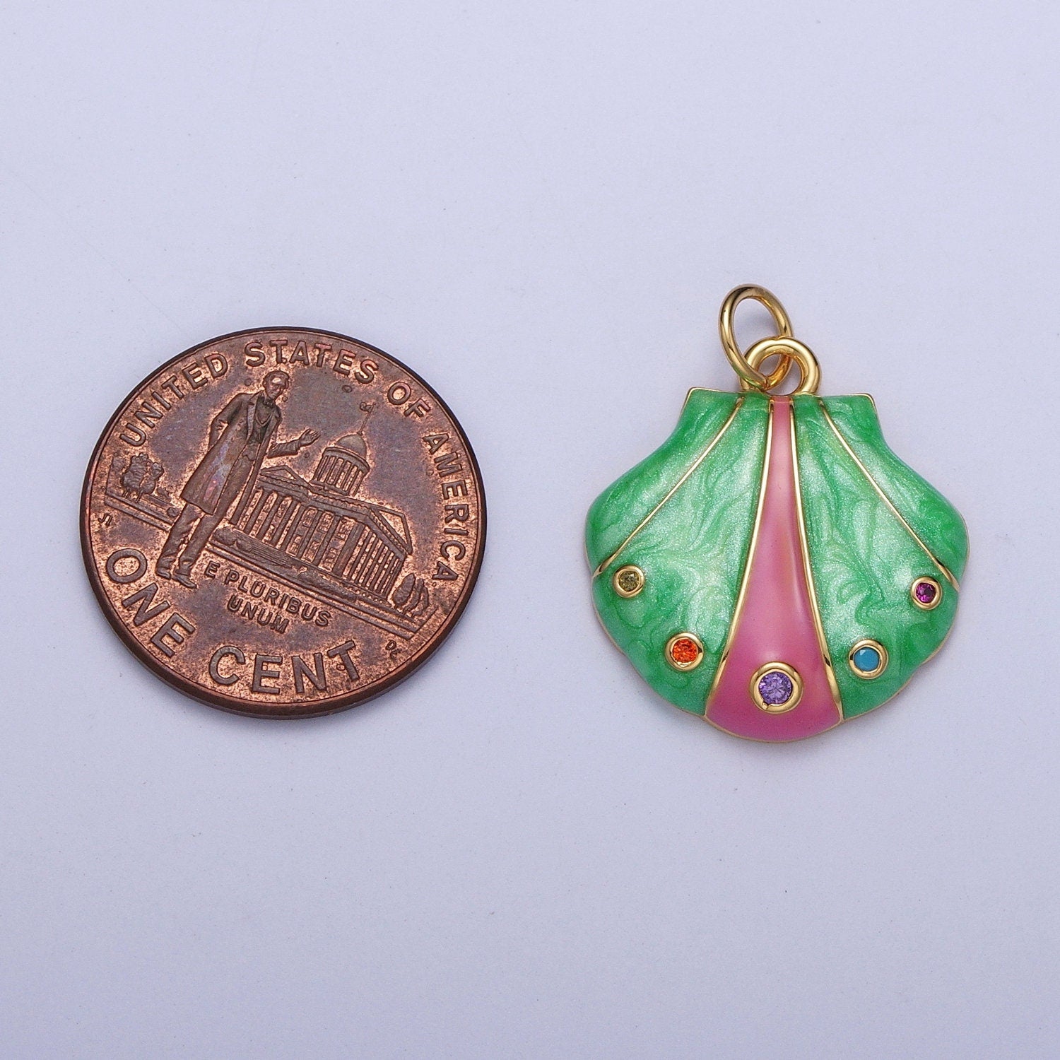 Dainty Mermaid Green Pink CZ Sea Shell Pendant, 24K Gold Plated Micro Pave Colored CZ Stones Seashell Charm | AG123
