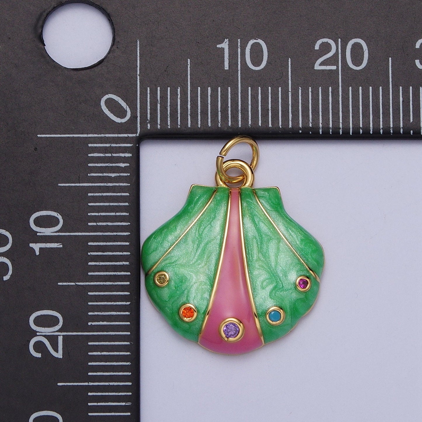 Dainty Mermaid Green Pink CZ Sea Shell Pendant, 24K Gold Plated Micro Pave Colored CZ Stones Seashell Charm | AG123