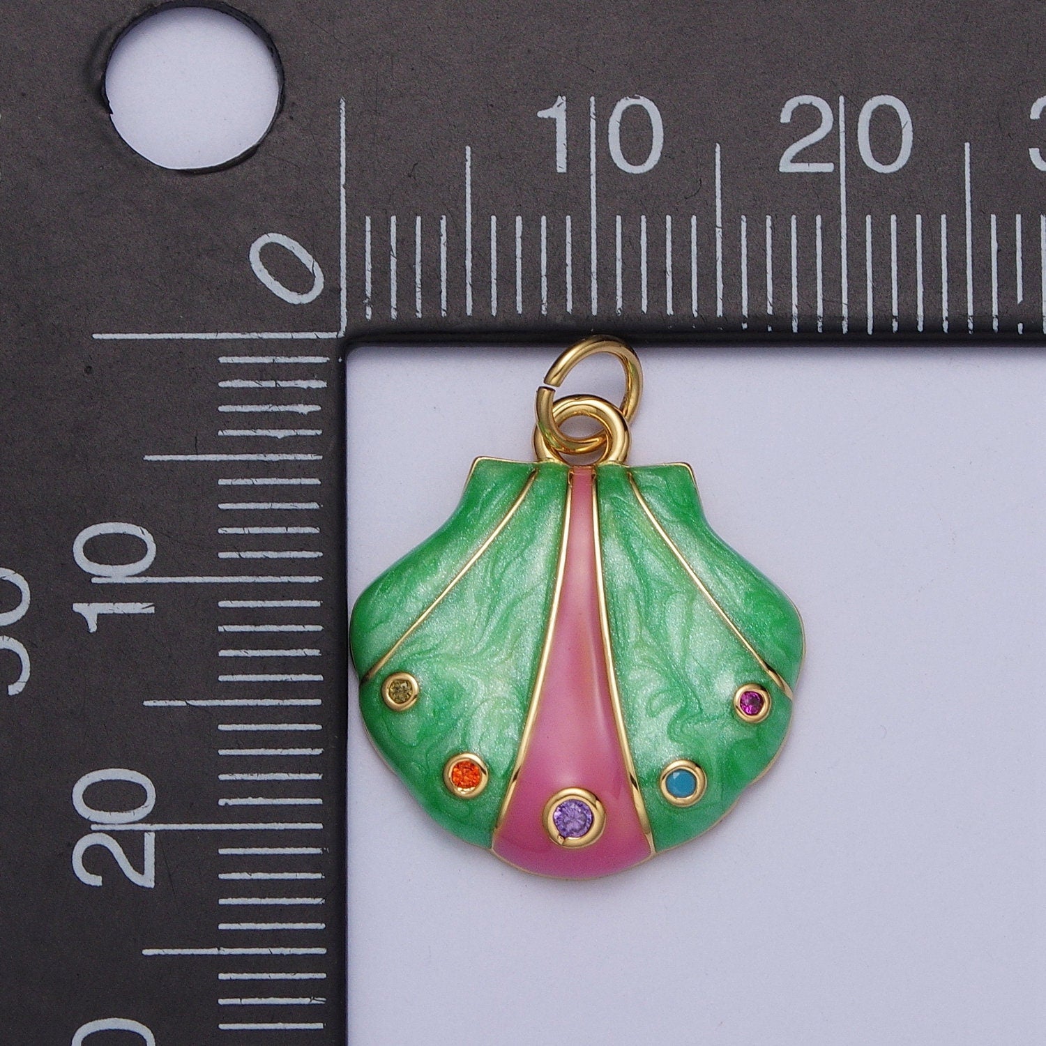 Dainty Mermaid Green Pink CZ Sea Shell Pendant, 24K Gold Plated Micro Pave Colored CZ Stones Seashell Charm | AG123