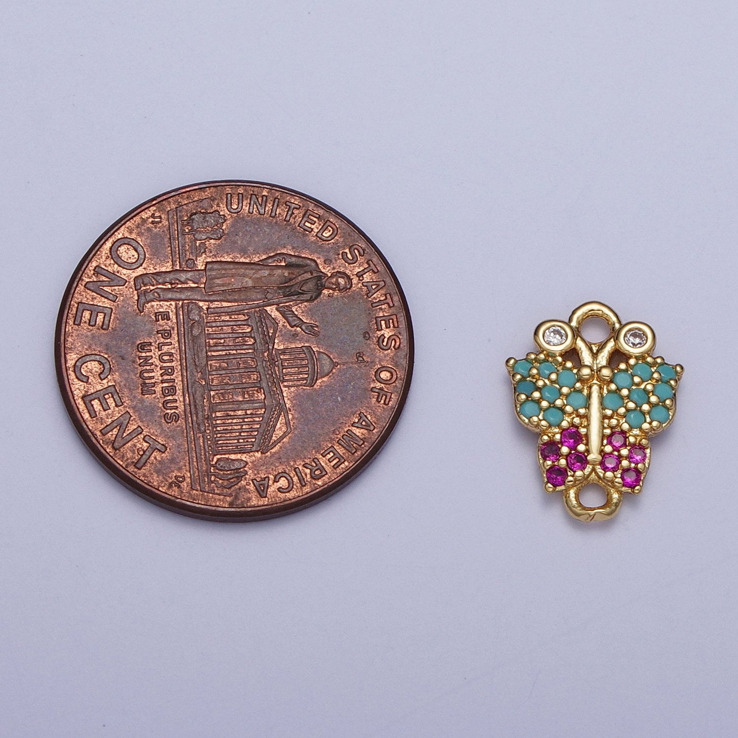Gold Butterfly Link Connector, Teal Magenta Micro Pave Cubic Zirconia CZ Mariposa Connector, 24K Gold Plated Winged Insect Charm | G-529
