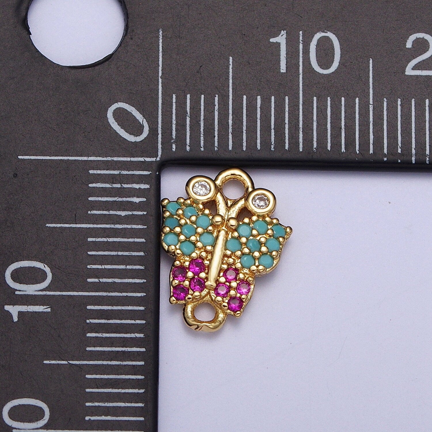 Gold Butterfly Link Connector, Teal Magenta Micro Pave Cubic Zirconia CZ Mariposa Connector, 24K Gold Plated Winged Insect Charm | G-529