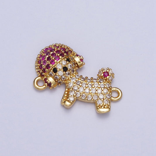 Cute Helmet Puppy Micro Pave Clear Fuchsia Cubic Zirconia CZ Stone Link Connector, 24K Gold Plated Cute Dog with a Helmet Connector | G-530
