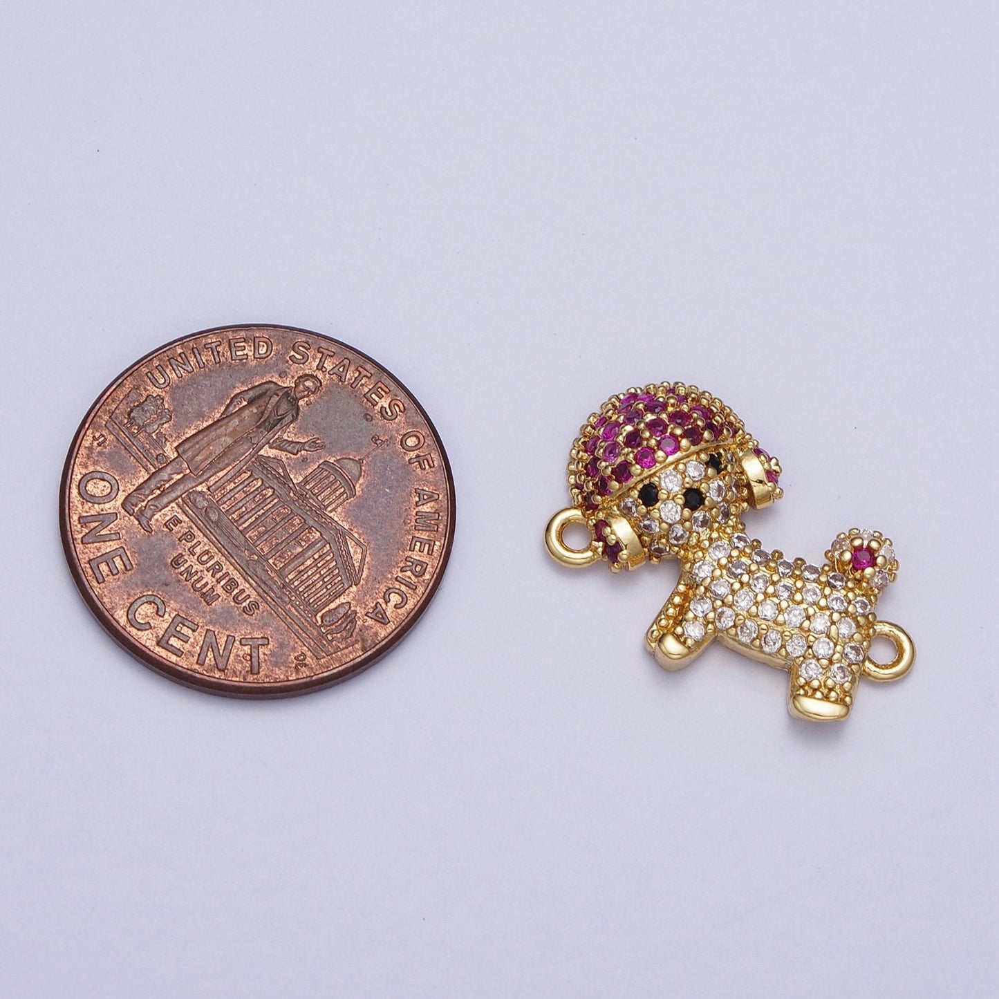 Cute Helmet Puppy Micro Pave Clear Fuchsia Cubic Zirconia CZ Stone Link Connector, 24K Gold Plated Cute Dog with a Helmet Connector | G-530