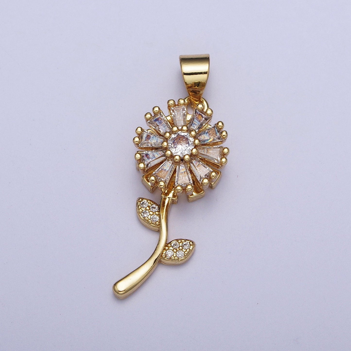 Gold Daisy Flower Pendant, 24k Gold Plated Floral Micro Pave Clear CZ Stone Charm, One Stem Baguette Stone Florette Pendant | X-476