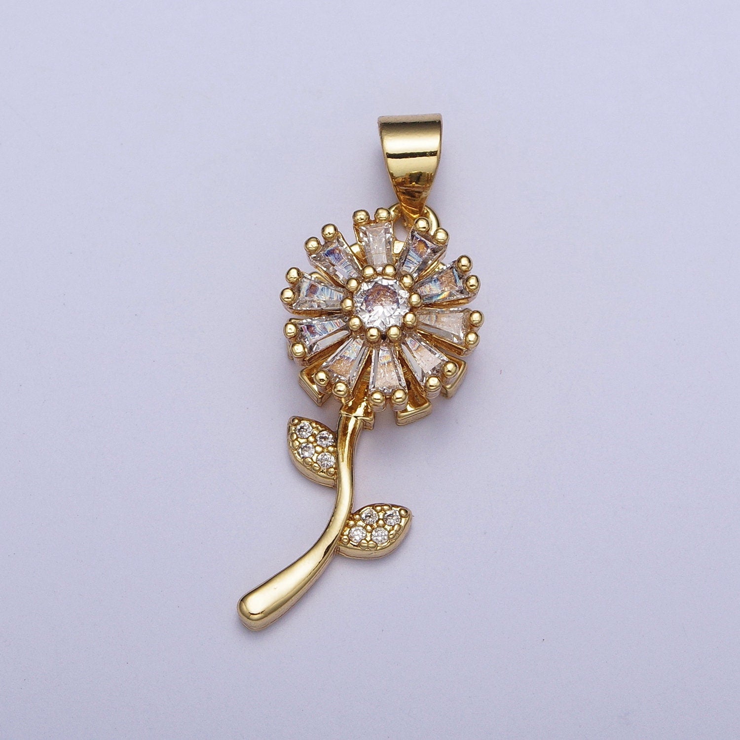 Gold Daisy Flower Pendant, 24k Gold Plated Floral Micro Pave Clear CZ Stone Charm, One Stem Baguette Stone Florette Pendant | X-476