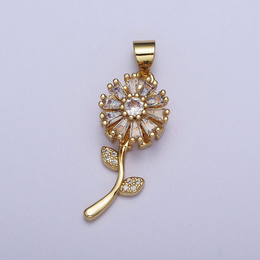Gold Daisy Flower Pendant, 24k Gold Plated Floral Micro Pave Clear CZ Stone Charm, One Stem Baguette Stone Florette Pendant | X-476