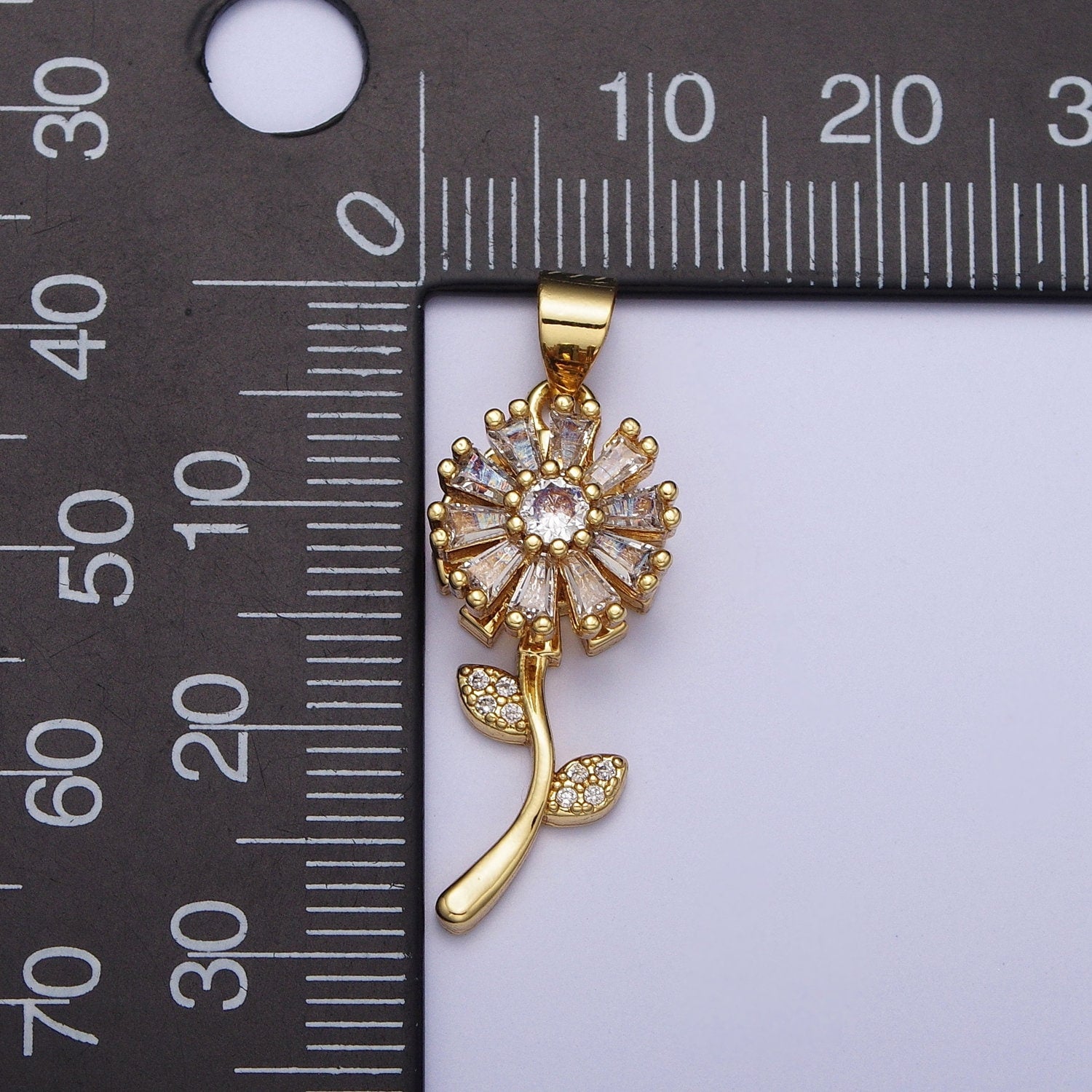 Gold Daisy Flower Pendant, 24k Gold Plated Floral Micro Pave Clear CZ Stone Charm, One Stem Baguette Stone Florette Pendant | X-476