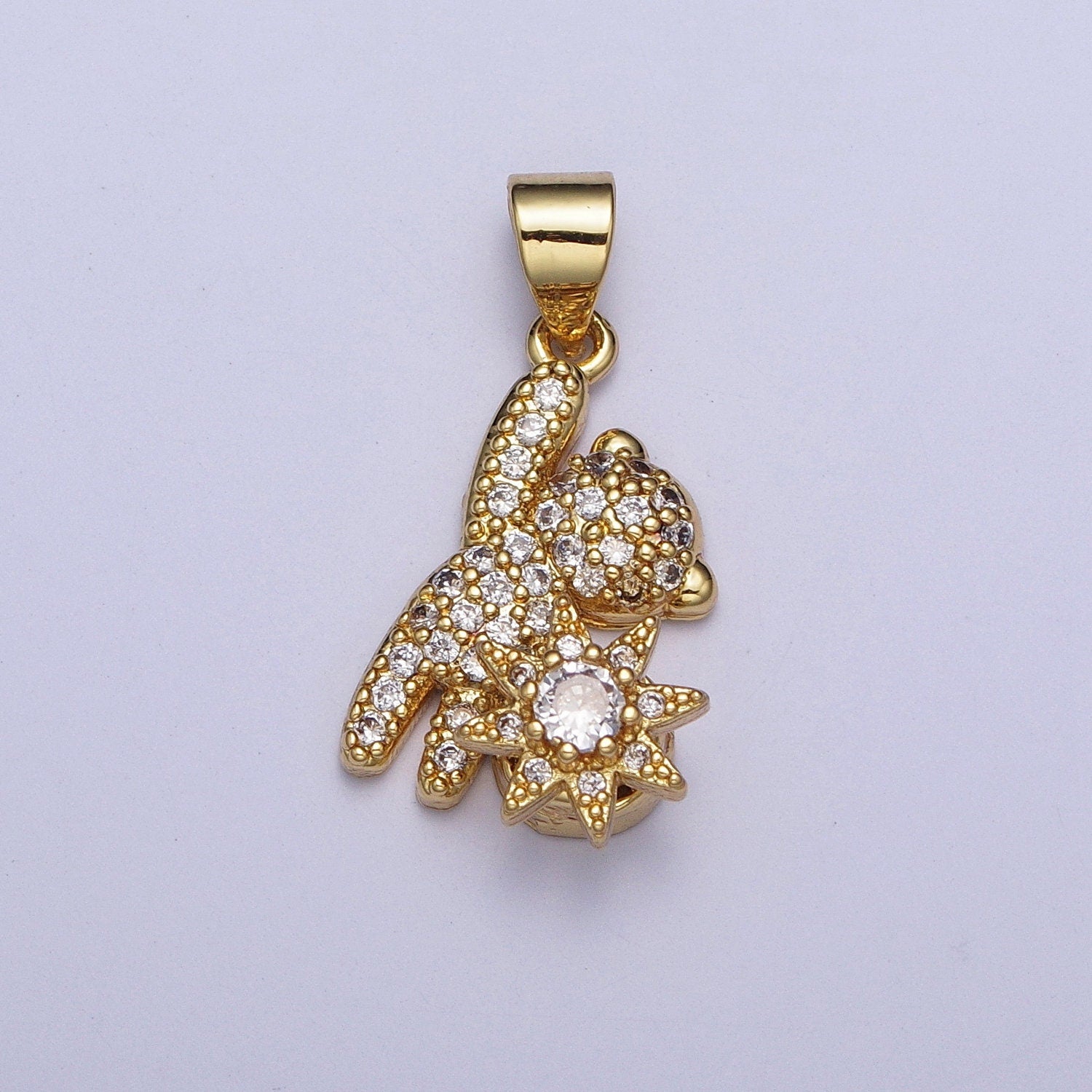 Cute Teddy Bear w. Sun Charm, Clear Cubic Zirconia Micro Pave CZ Bear Pendant, 24K Gold Plated Teddy Bear Sun Celestial Charm | X-478