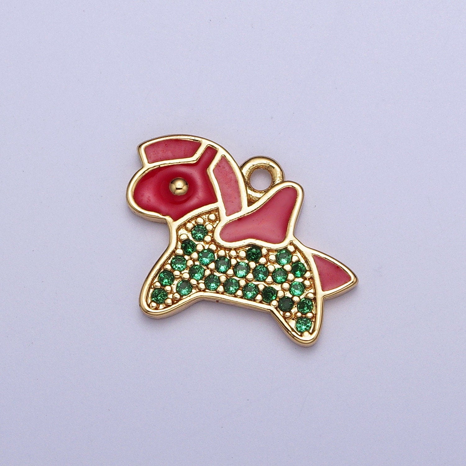 Dainty Gold Pony Pendant, 24K Gold Plated Rocking Pony Charm, Green Micro Pave CZ Red Enamel Animal Pendant | AG119