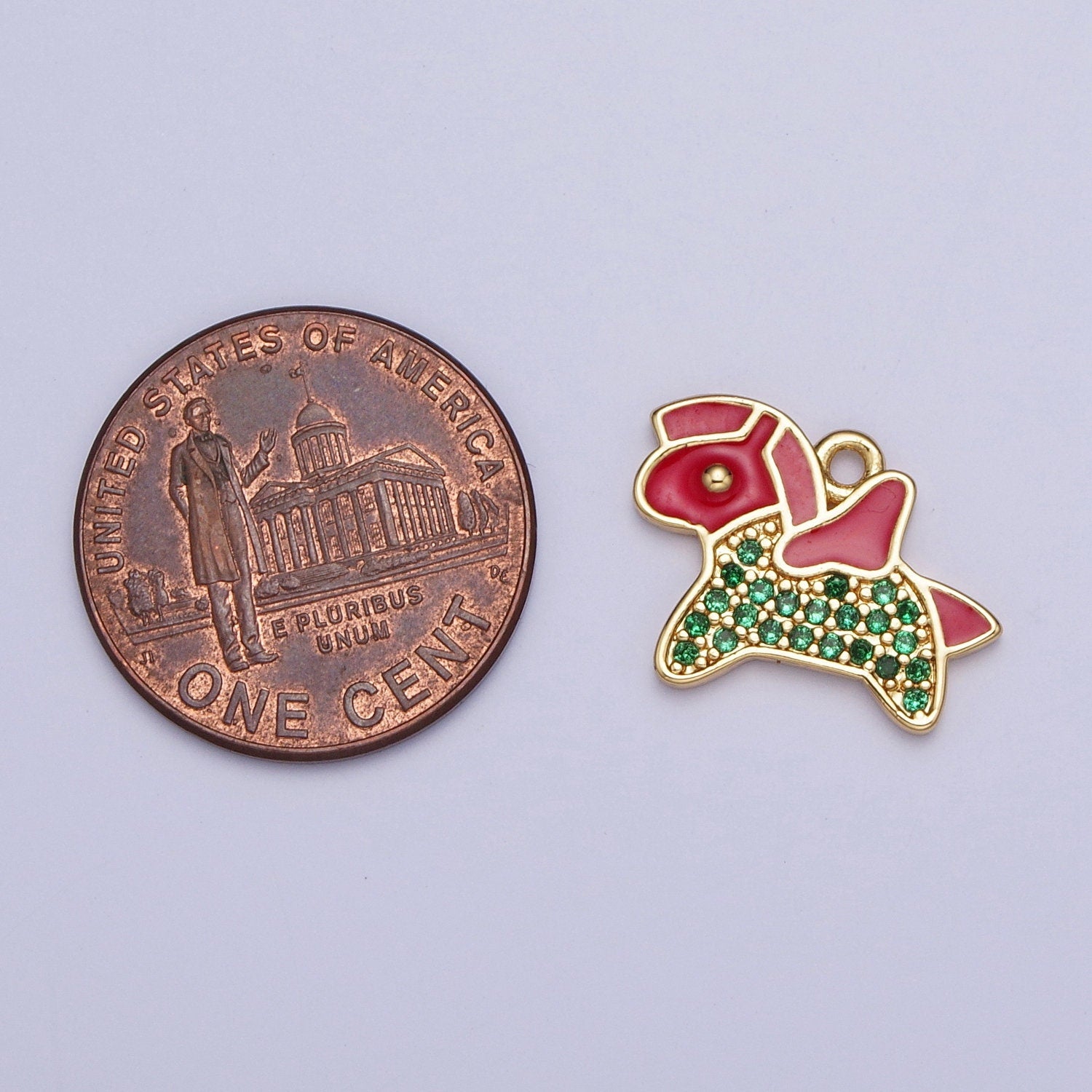 Dainty Gold Pony Pendant, 24K Gold Plated Rocking Pony Charm, Green Micro Pave CZ Red Enamel Animal Pendant | AG119