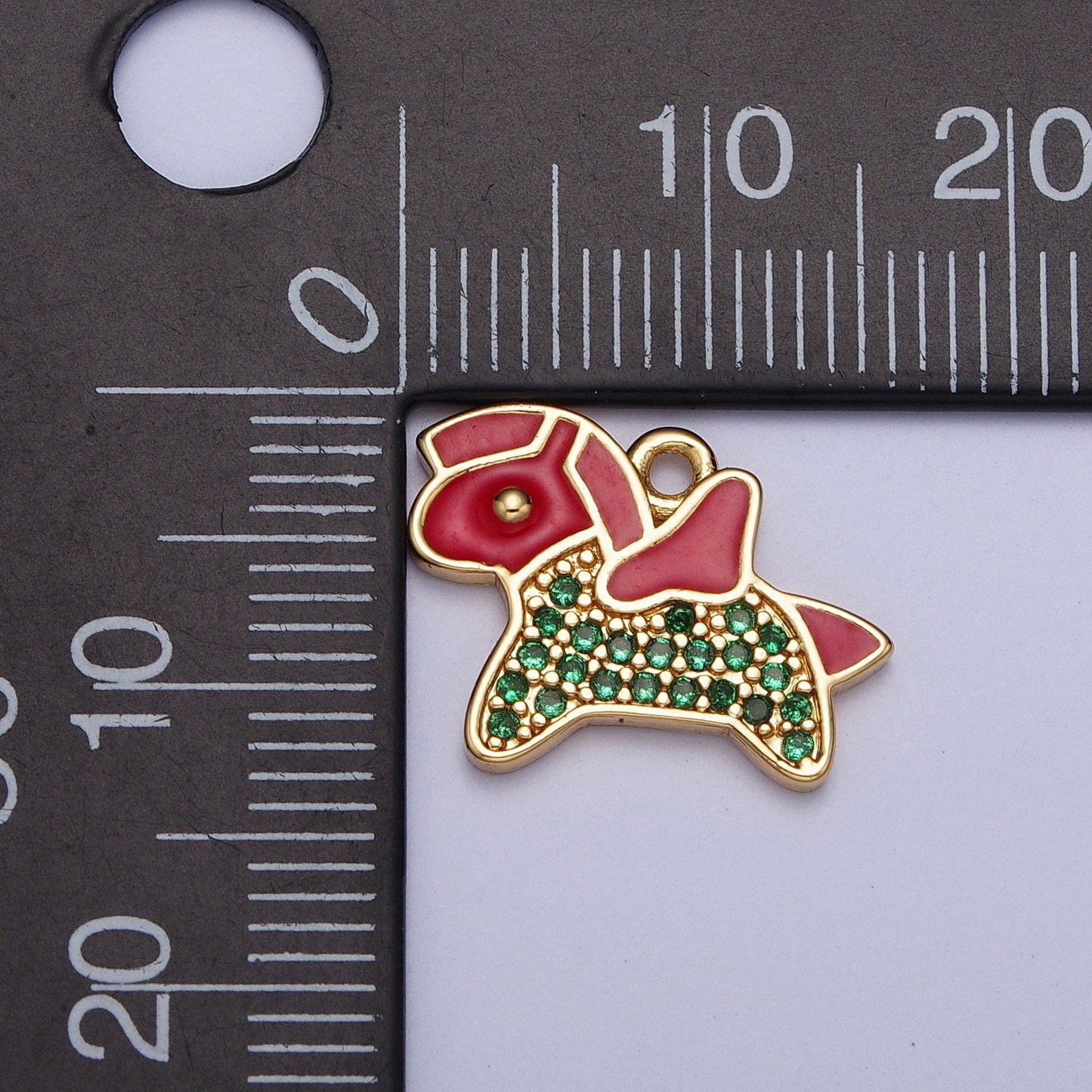 Dainty Gold Pony Pendant, 24K Gold Plated Rocking Pony Charm, Green Micro Pave CZ Red Enamel Animal Pendant | AG119