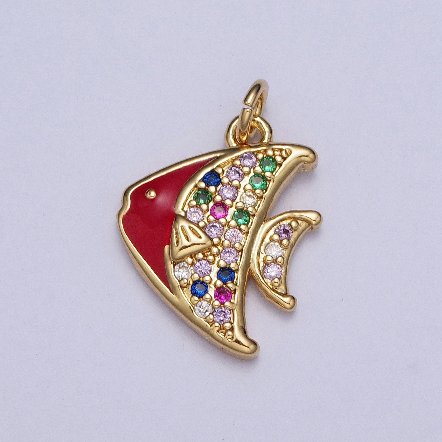 Dainty Gold Spadefish Pendant, 24K Gold Plated Red Enamel Colored Micro Pave CZ Stone Spade Fish Charm, Sea Life Animals Charm | AG120