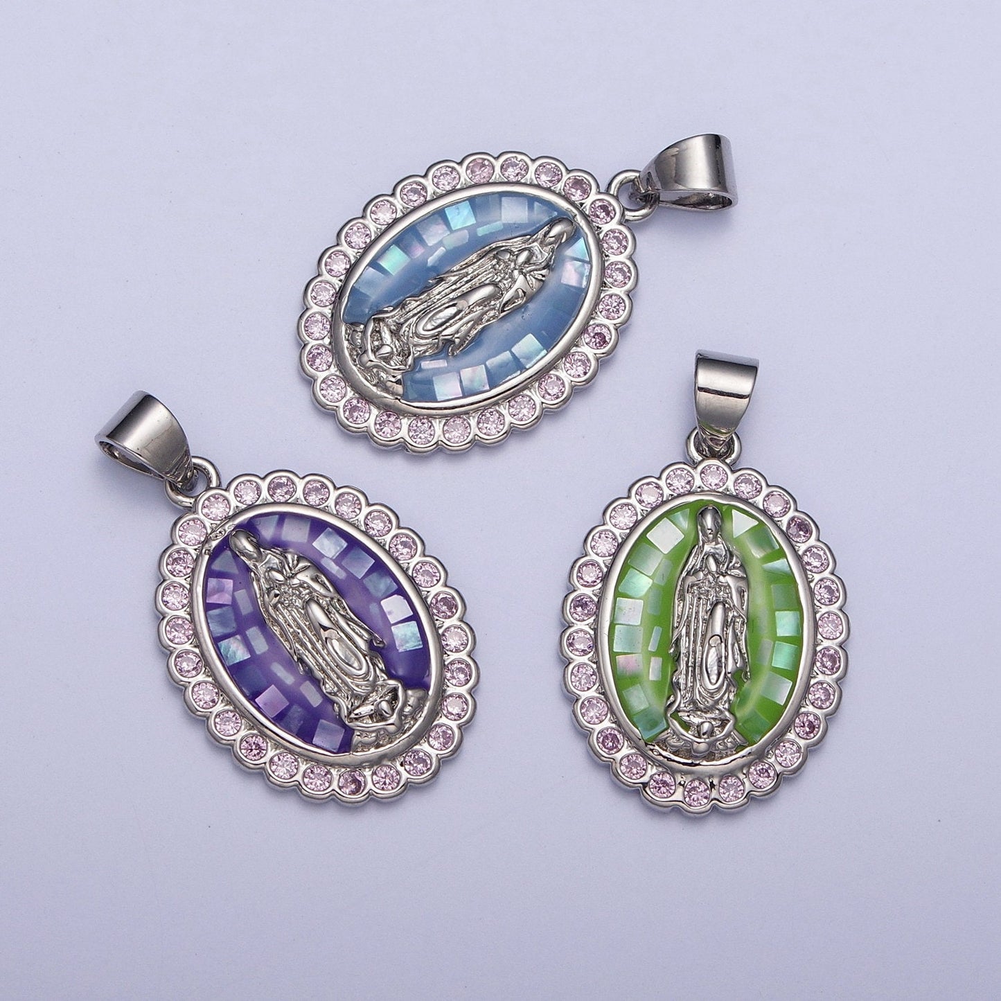 Silver Oval Virgin Mary Charm, White Gold Dainty Lady of Guadalupe Pendant Cathedral Window Clear Micro Pave CZ Edge | X-479, X-480, X-481