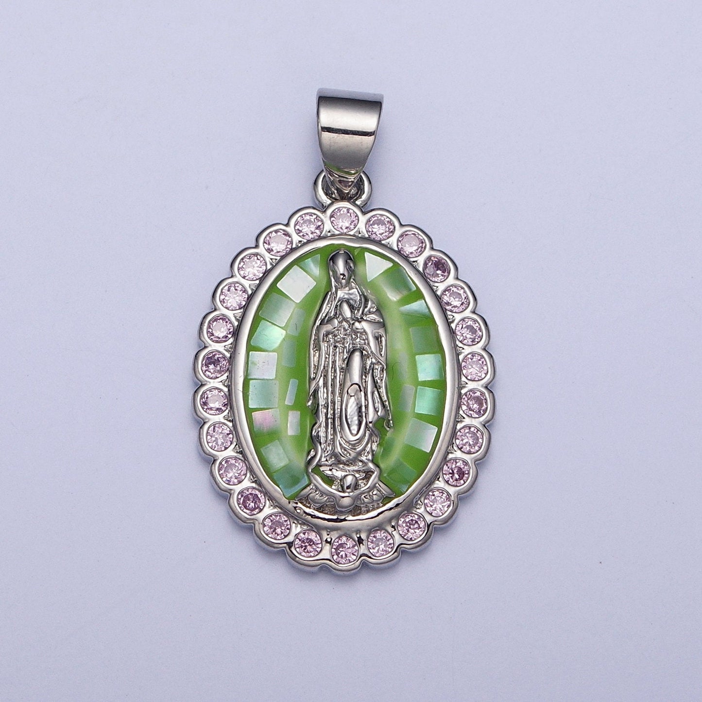 Silver Oval Virgin Mary Charm, White Gold Dainty Lady of Guadalupe Pendant Cathedral Window Clear Micro Pave CZ Edge | X-479, X-480, X-481