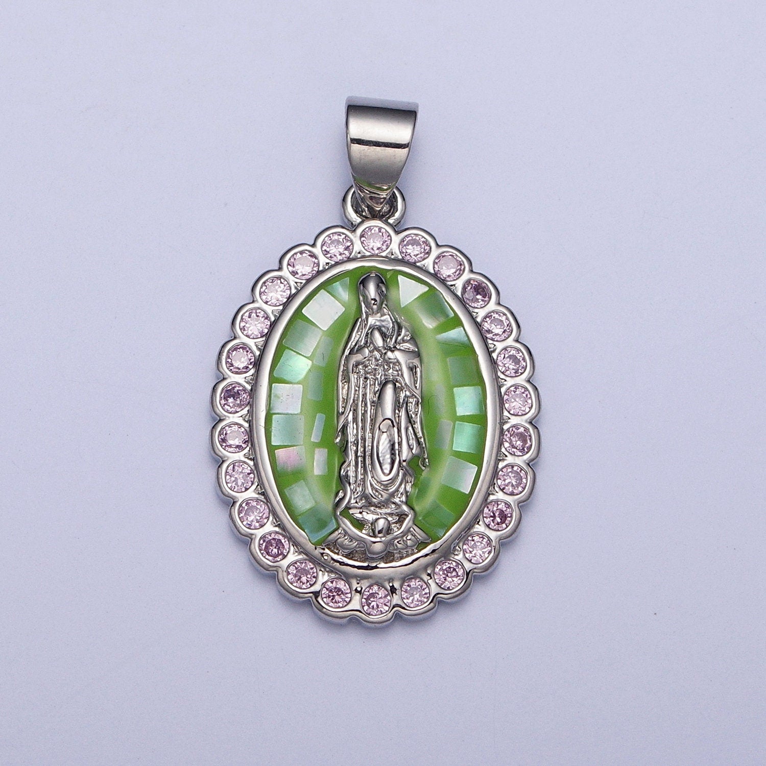 Silver Oval Virgin Mary Charm, White Gold Dainty Lady of Guadalupe Pendant Cathedral Window Clear Micro Pave CZ Edge | X-479, X-480, X-481