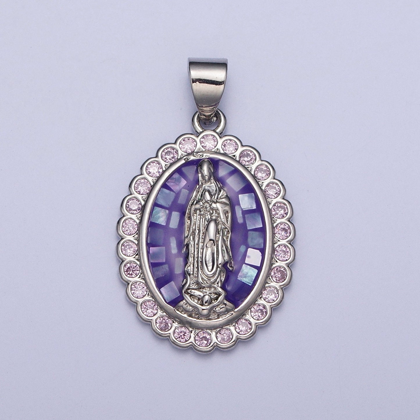 Silver Oval Virgin Mary Charm, White Gold Dainty Lady of Guadalupe Pendant Cathedral Window Clear Micro Pave CZ Edge | X-479, X-480, X-481