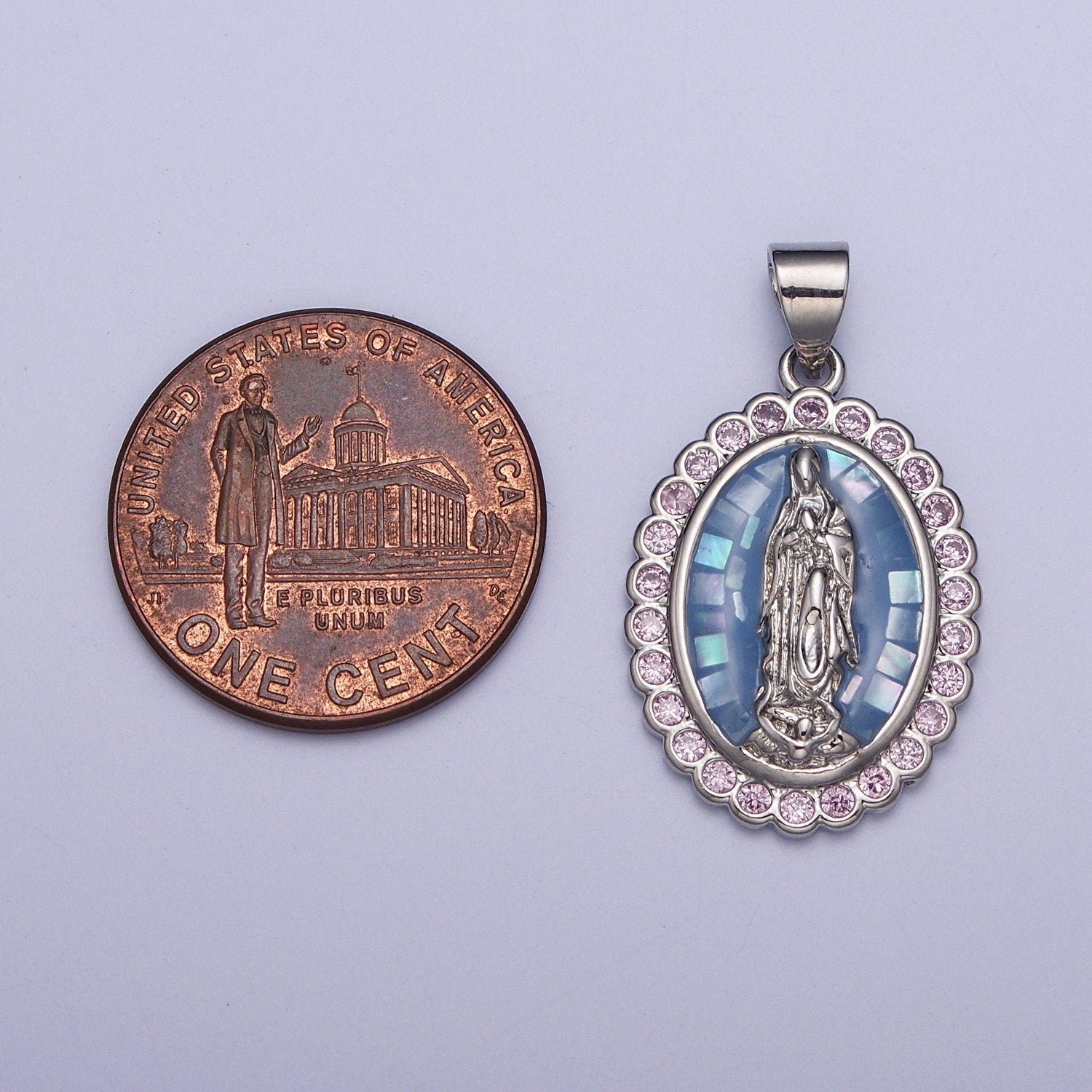 Silver Oval Virgin Mary Charm, White Gold Dainty Lady of Guadalupe Pendant Cathedral Window Clear Micro Pave CZ Edge | X-479, X-480, X-481