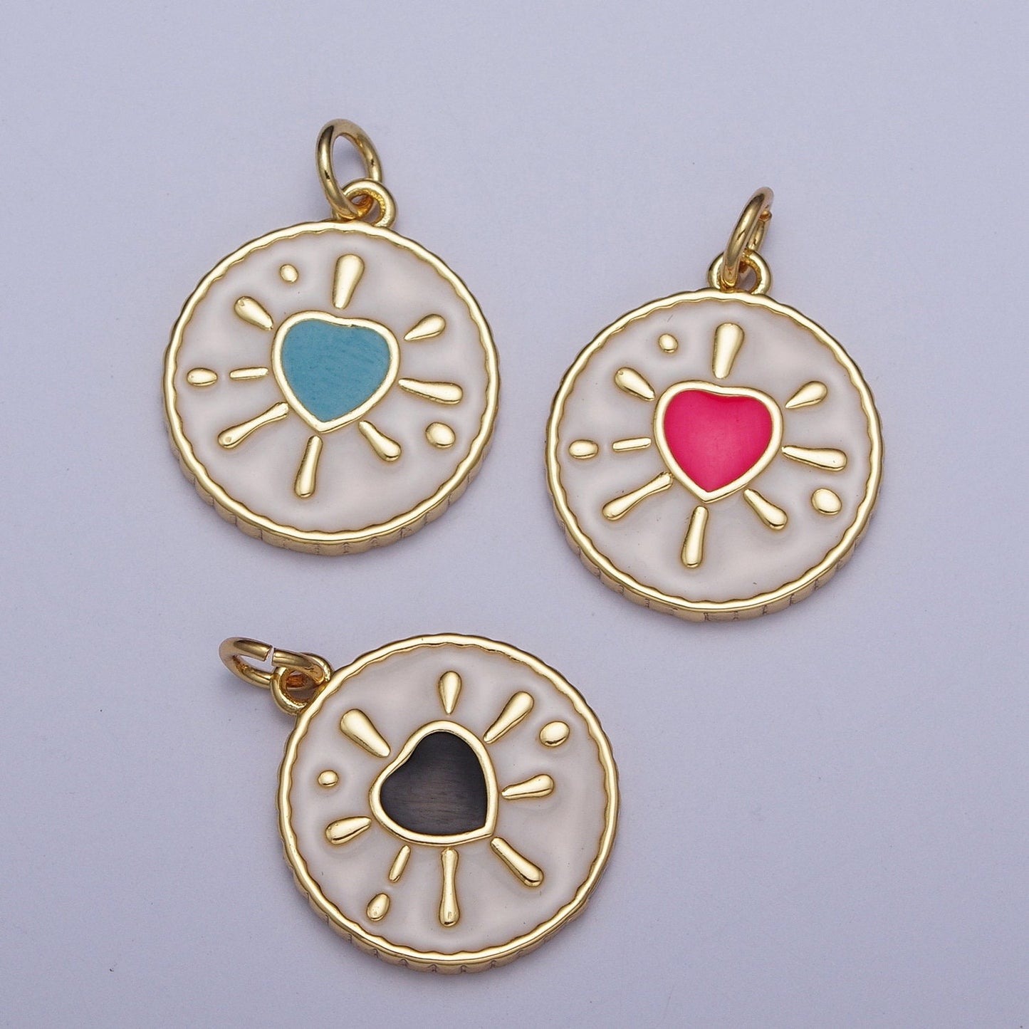 Gold Enamel Heart Coin Medallion Pendant, 24K Gold Plated Love Heart Enamel Finish Round Coin Charms | AG-021-AG-023