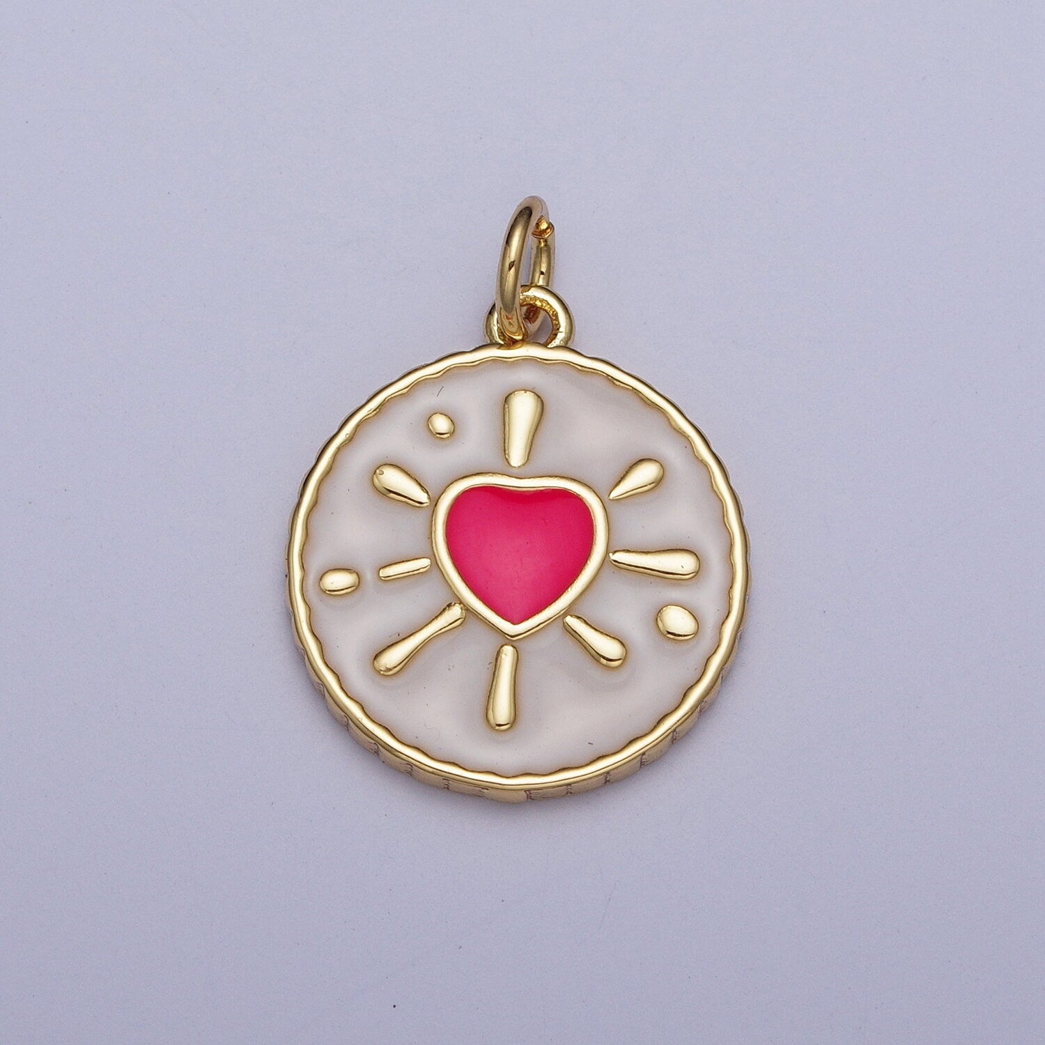 Gold Enamel Heart Coin Medallion Pendant, 24K Gold Plated Love Heart Enamel Finish Round Coin Charms | AG-021-AG-023