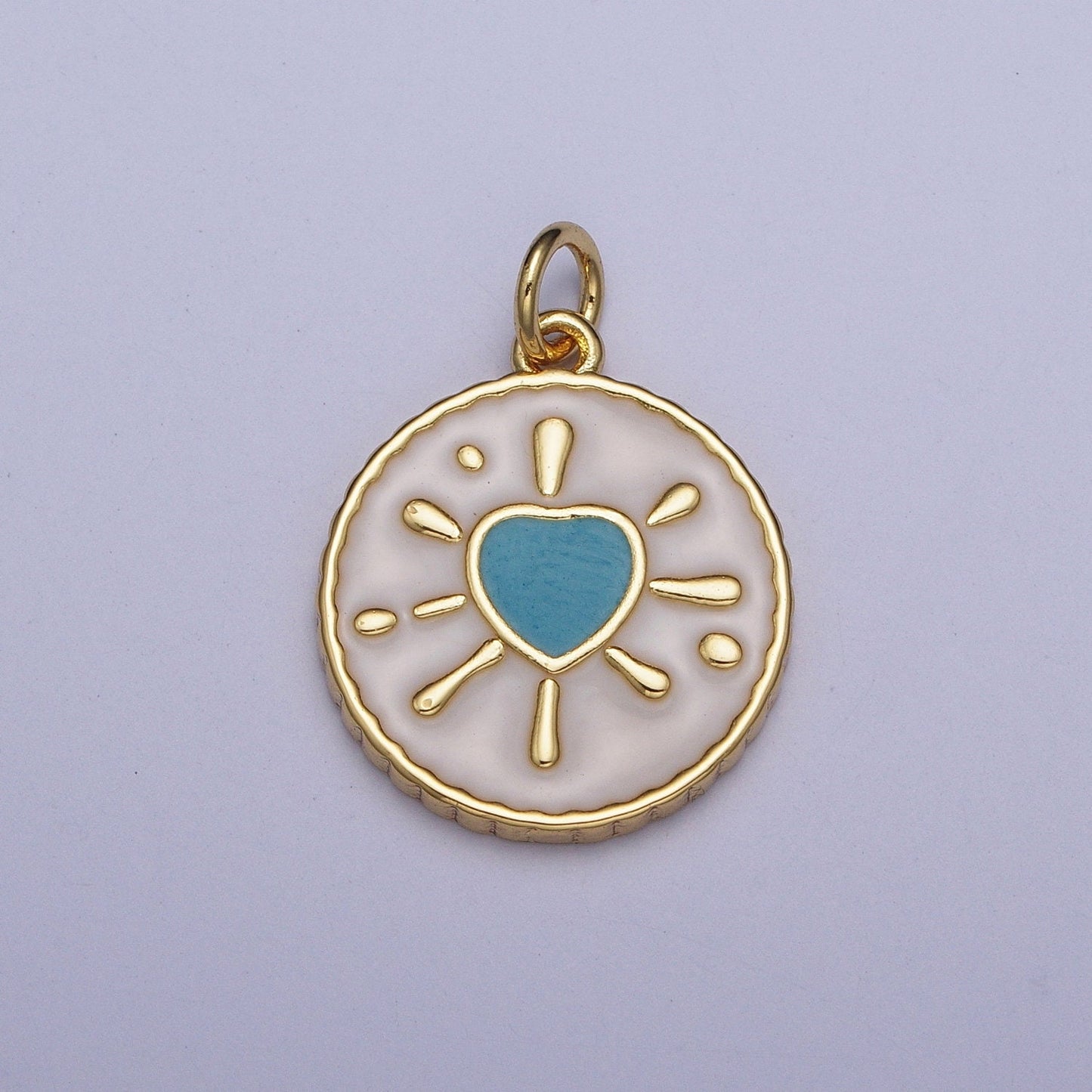 Gold Enamel Heart Coin Medallion Pendant, 24K Gold Plated Love Heart Enamel Finish Round Coin Charms | AG-021-AG-023