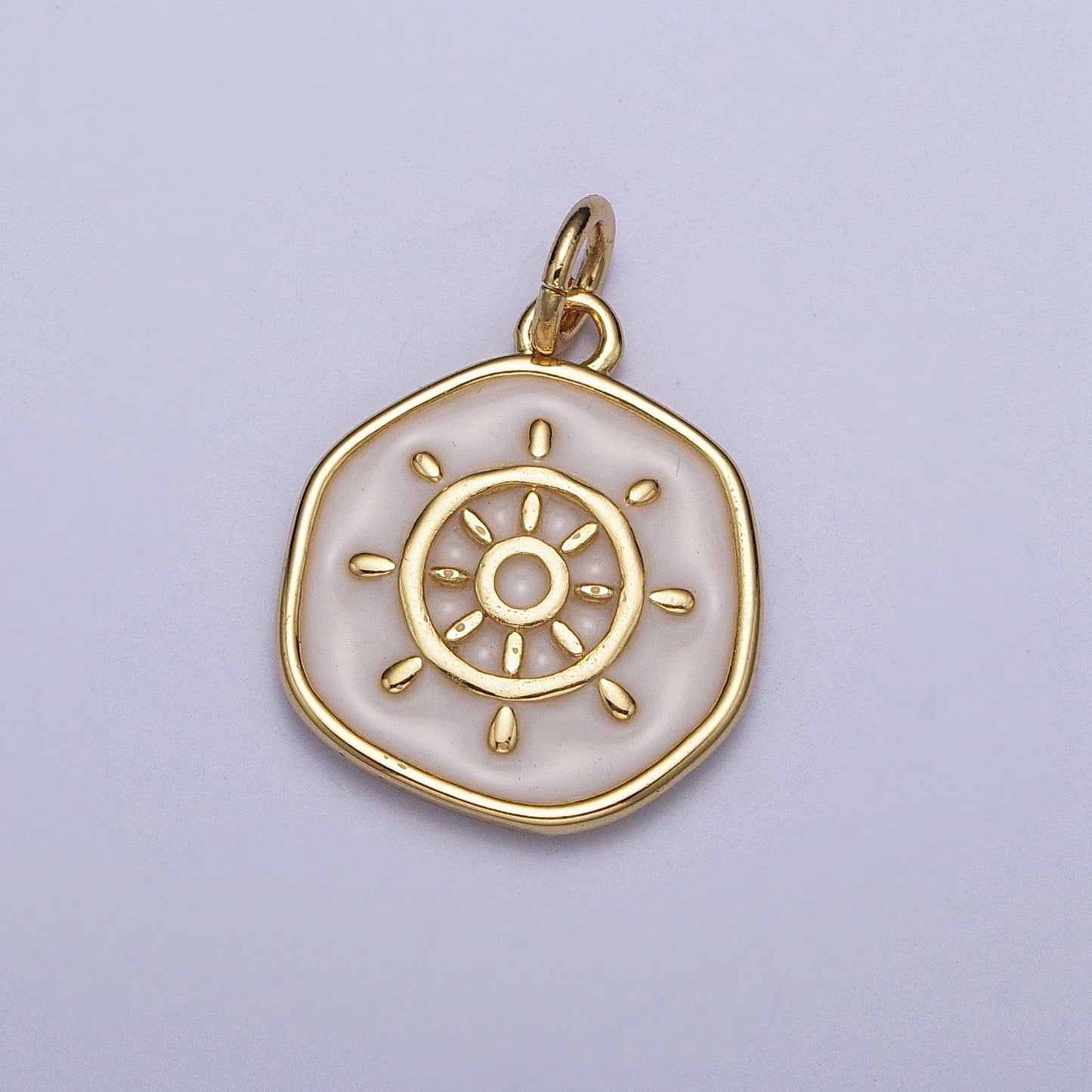 Gold Ship Steering Wheel Coin Medallion Pendant w. Pearl White Enamel Finish, 24K Gold Filled Enamel Sunburst Round Coin Charm | AG135