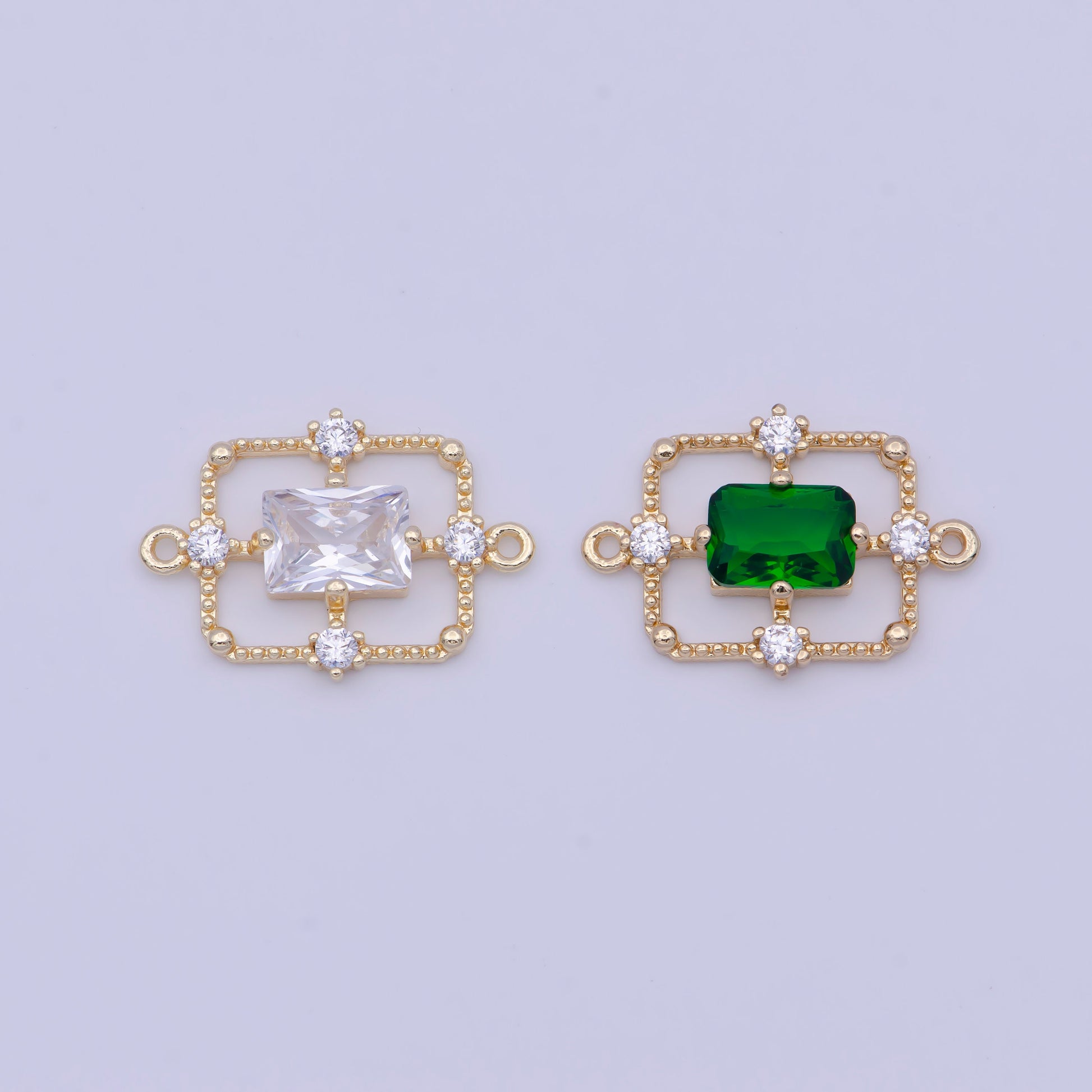 Emerald Green and Crystal Clear Rectangular Medallion Royal Quadrants Charm Connector, 24K Gold Plated Micro Pave CZ Connector | G-562, -563
