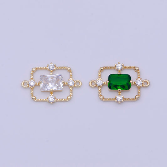 Emerald Green and Crystal Clear Rectangular Medallion Royal Quadrants Charm Connector, 24K Gold Plated Micro Pave CZ Connector | G-562, -563