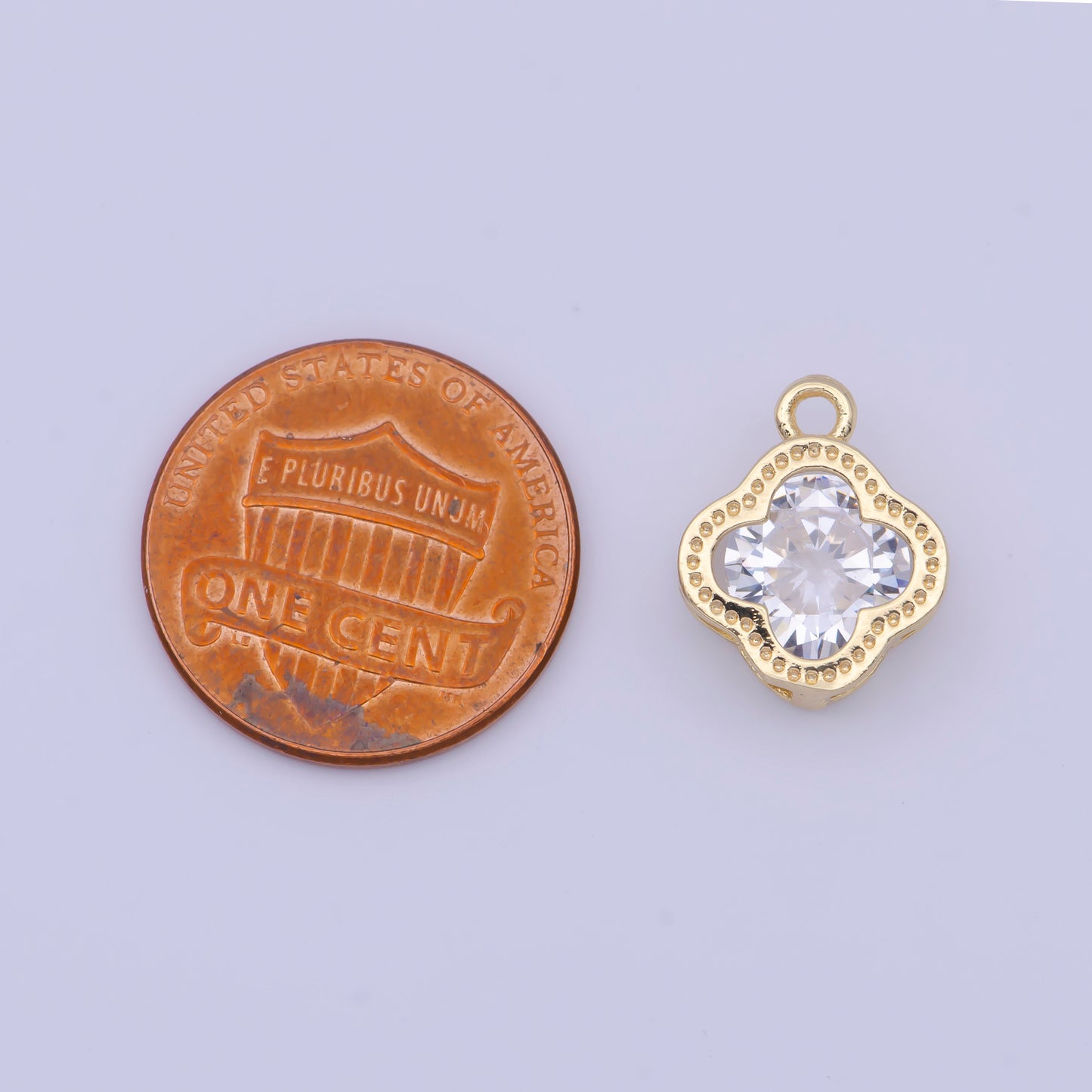 24K Gold Plated CZ Four-Leaf Flower Clover Pendant for Necklace Bracelet Supply, Diamond Flower Emblem w. Studded Edge Charm | X-718