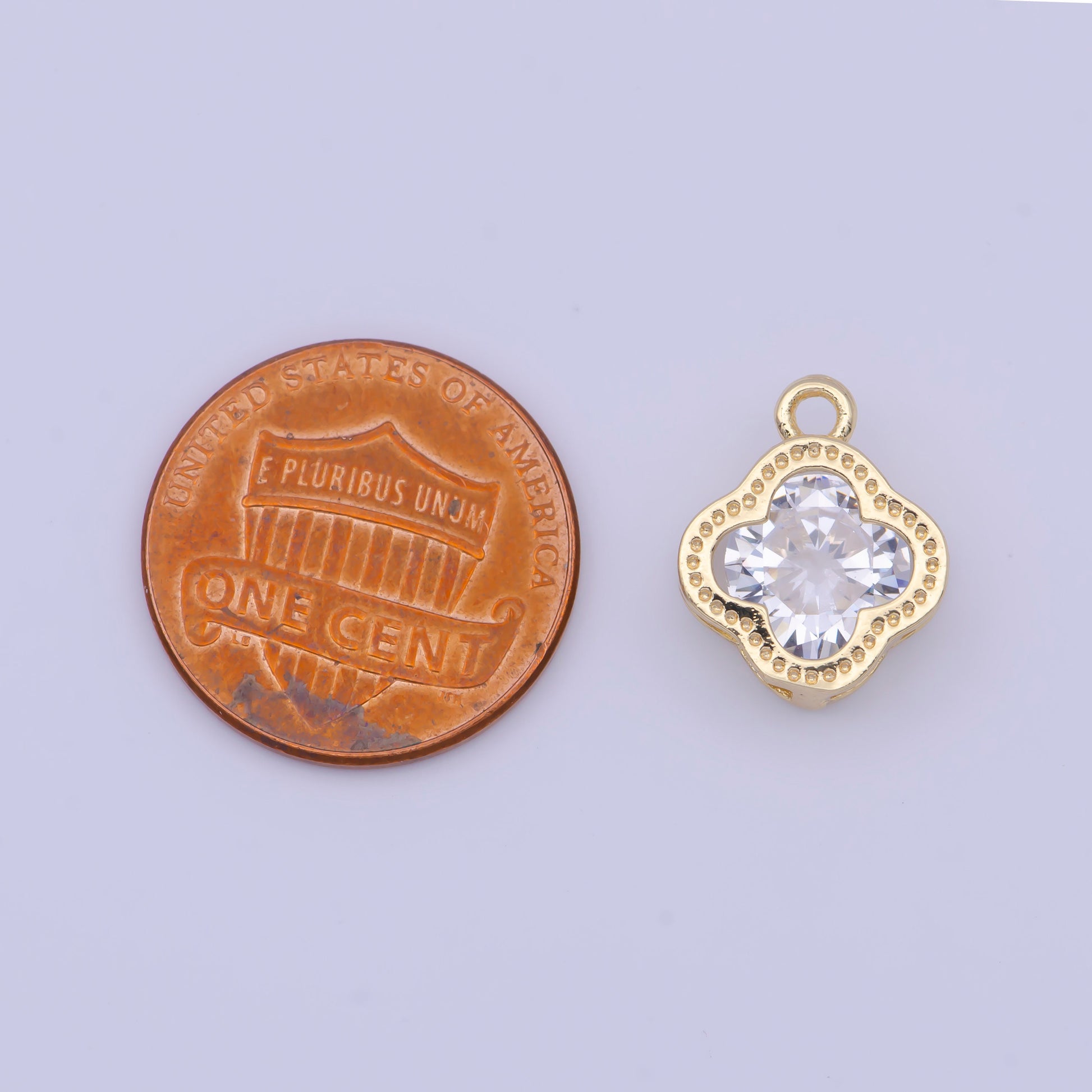 24K Gold Plated CZ Four-Leaf Flower Clover Pendant for Necklace Bracelet Supply, Diamond Flower Emblem w. Studded Edge Charm | X-718