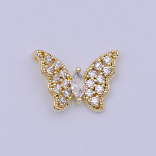 Micro Pave Clear Marquise Cut CZ Butterfly Wings Pendant, 14K Gold Plated Cubic Zirconia Mariposa Insect Pendant For Jewelry Making | X-526