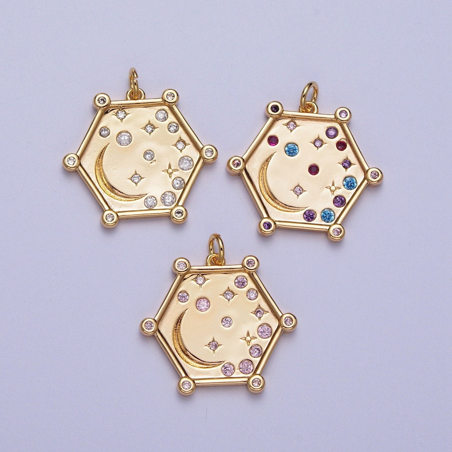 Hexagonal Celestial Moon and Stars Pendant, 16K Gold Plated Celestial Rustic Micro Pave Cubic Zirconia CZ Stone Charms | AG054~AG056