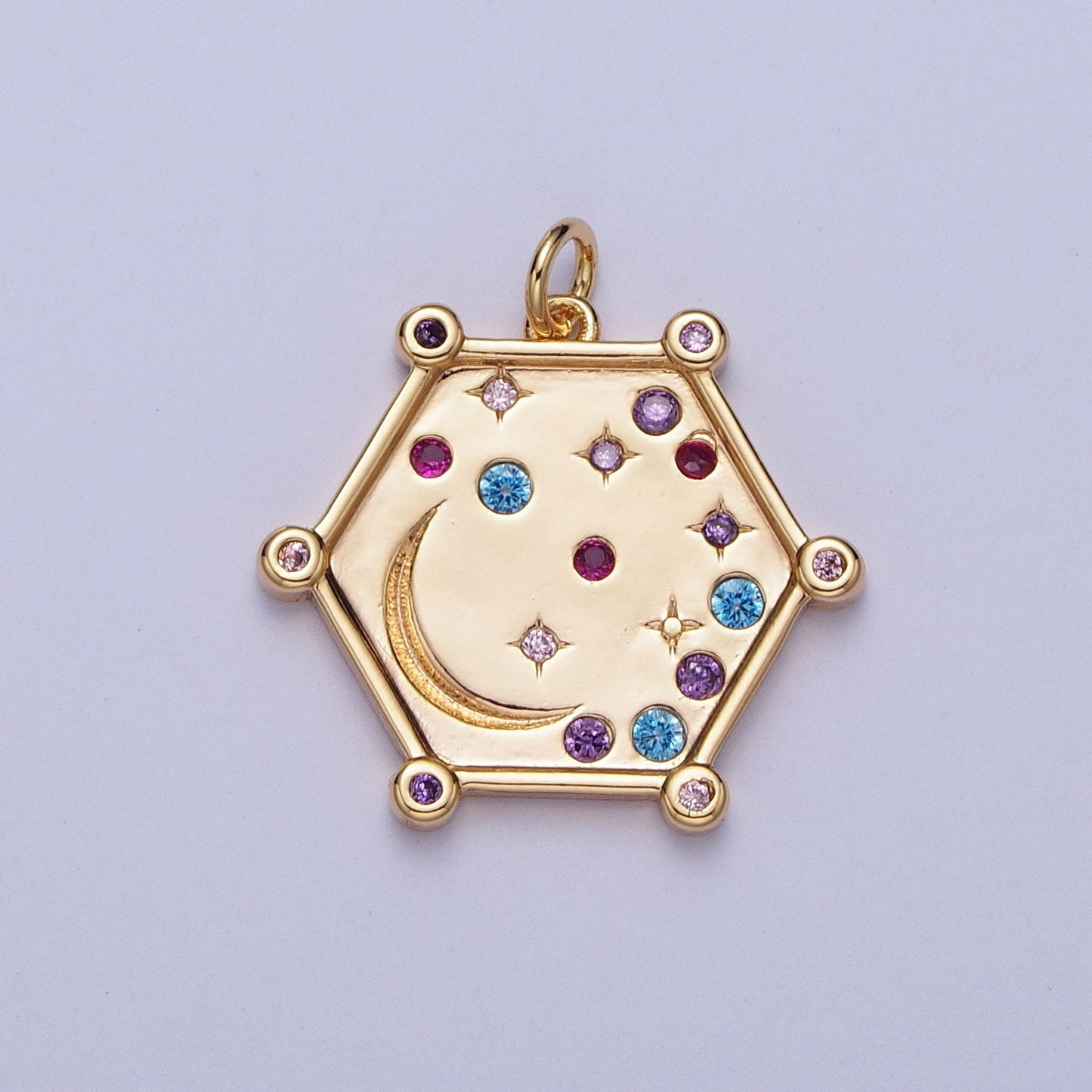 Hexagonal Celestial Moon and Stars Pendant, 16K Gold Plated Celestial Rustic Micro Pave Cubic Zirconia CZ Stone Charms | AG054~AG056