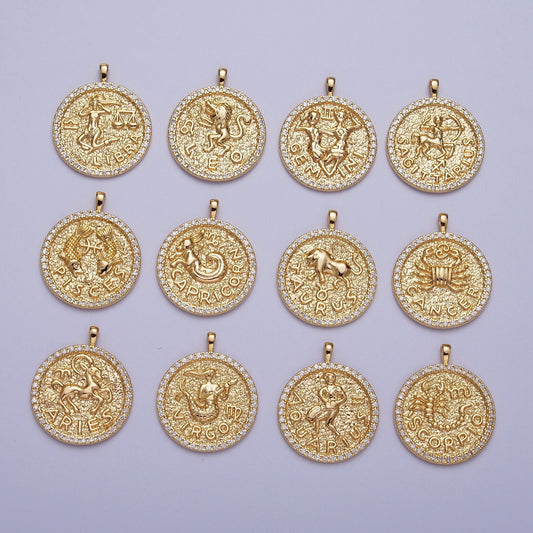 Coin Medallion Zodiac Pendants, 16K Gold Filled Micro Pave CZ Astrological Birthday Zodiac Sign Charms | A1695-A1700