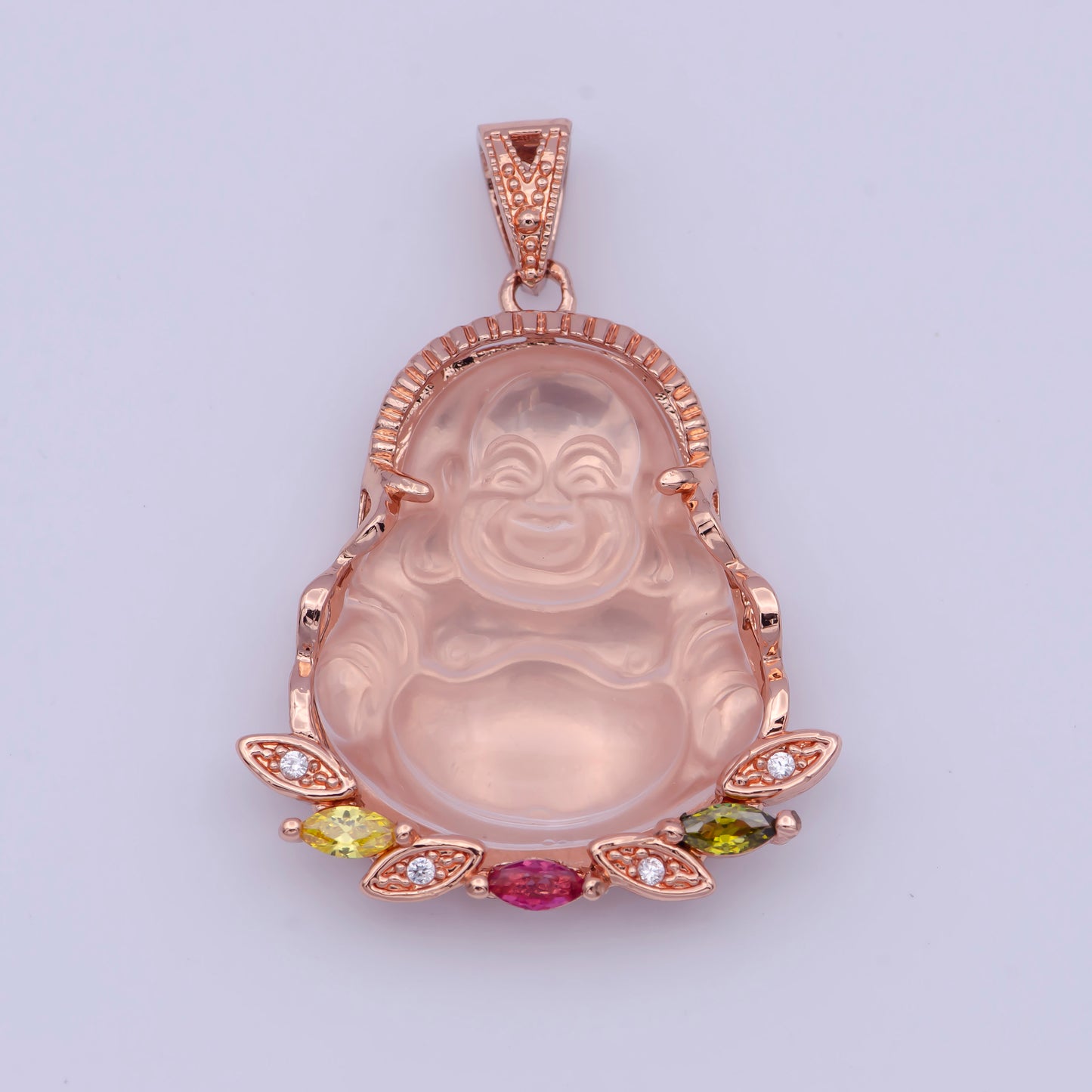 Rose Gold CZ Laughing Buddha Pendant, Rose Gold Filled Jade Pink Micro Paved Marquise CZ Smiling Buddha Feng Shui Charm | X-529
