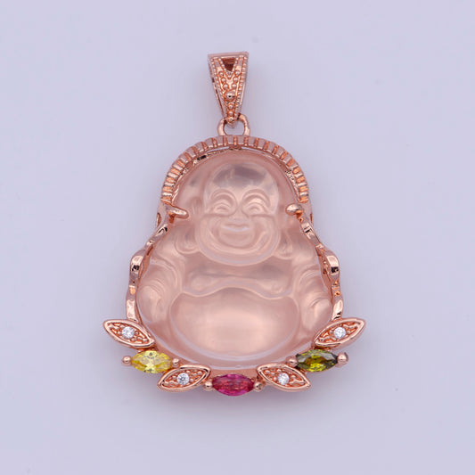 Rose Gold CZ Laughing Buddha Pendant, Rose Gold Filled Jade Pink Micro Paved Marquise CZ Smiling Buddha Feng Shui Charm | X-529