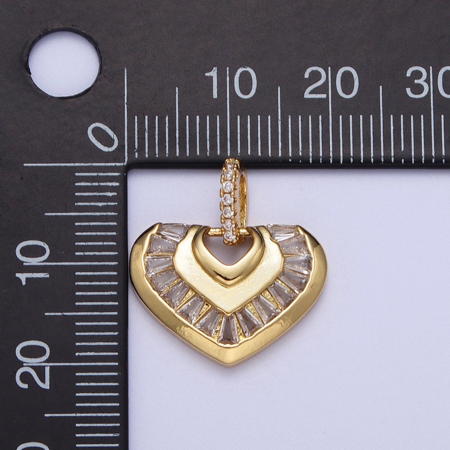 Gold Heart Armor Pendant, 14K Gold Plated Clear Micro Paved CZ Bail Baguette Stones Armor Love Heart Charm | X-534
