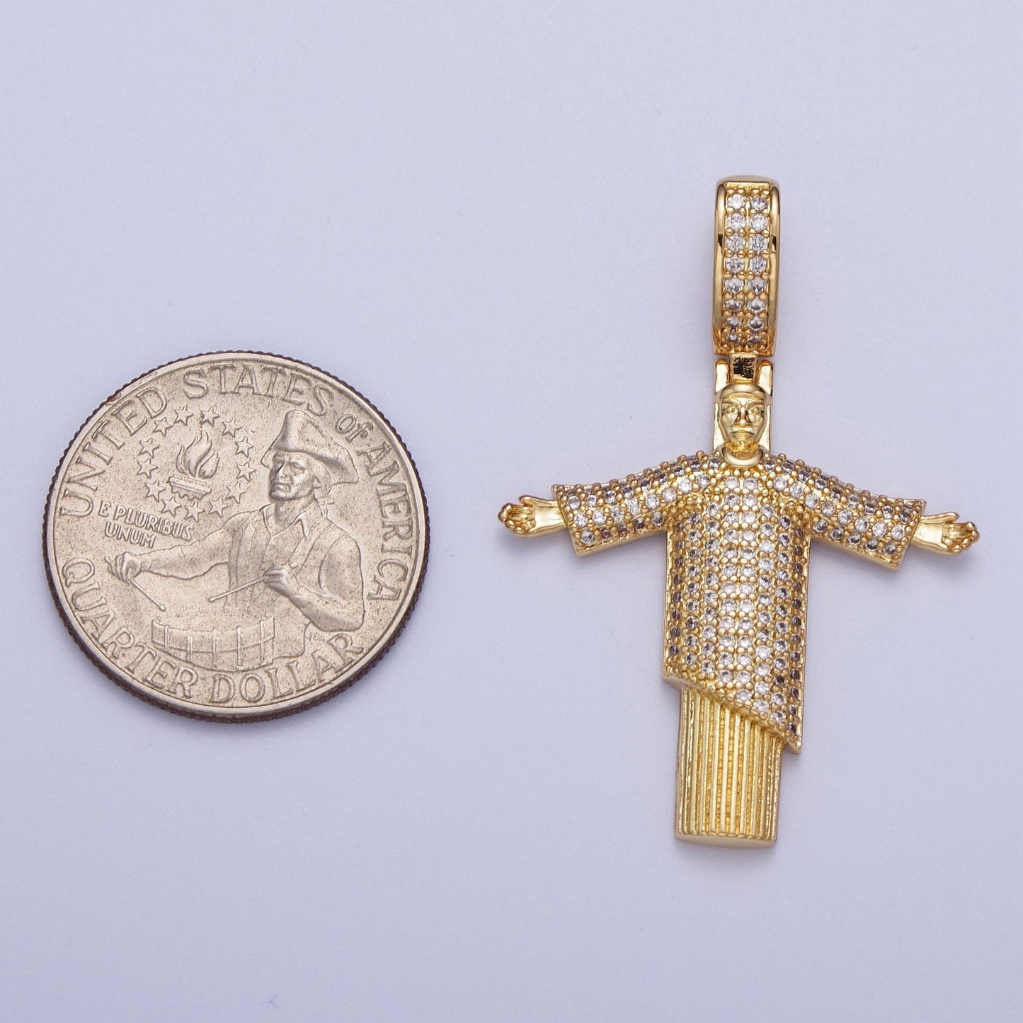 Cubic Gold Religious Figure Pendant, 24K Gold Plated Micro Paved CZ Christ the Redeemer Statue Pendant for Religious Jewelry Supply | X-535